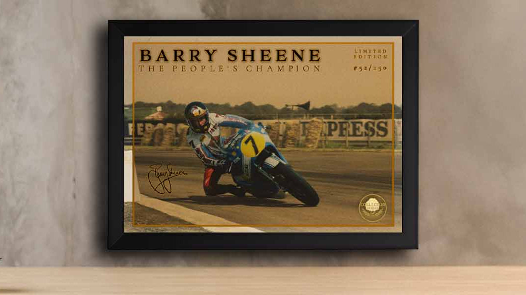 Barry Sheene limited edition framed sports wall art on shelf—vintage motorcycle racing print perfect for UK motorsport fans and collectors.