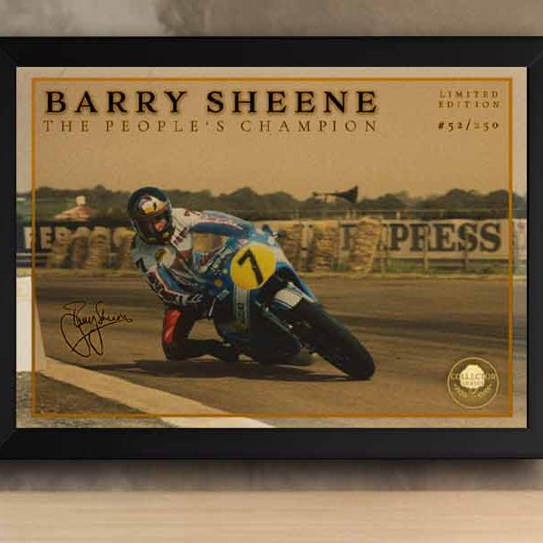 Barry Sheene limited edition framed sports wall art on shelf—vintage motorcycle racing print perfect for UK motorsport fans and collectors.