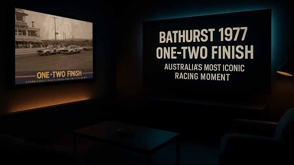 Bathurst 1977 One-Two Finish motorsport poster in dark home theatre, premium sports wall art and sports posters Australia.