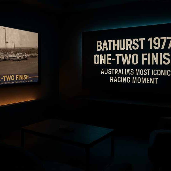 Bathurst 1977 One-Two Finish motorsport poster in dark home theatre, premium sports wall art and sports posters Australia.