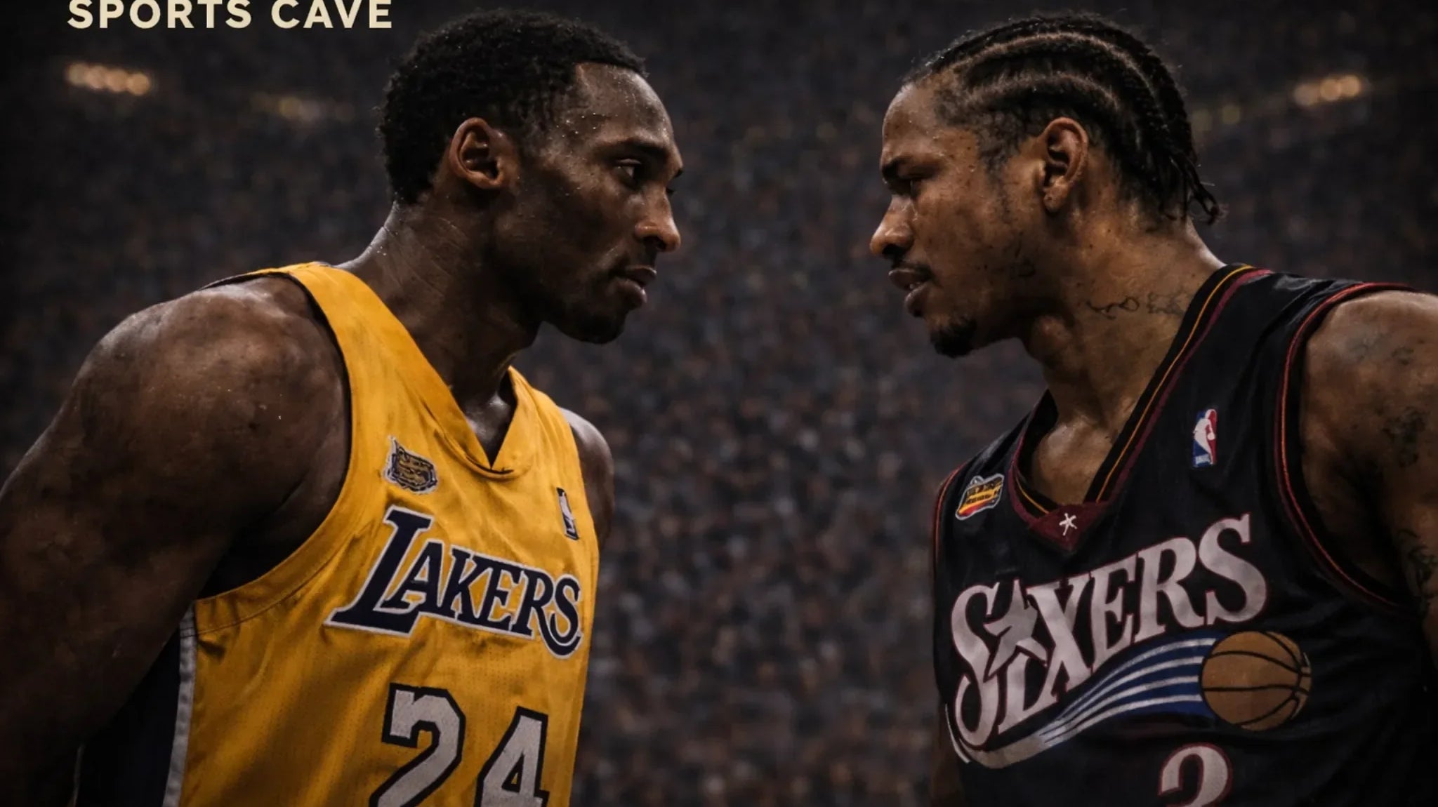 Kobe Bryant and Allen Iverson locked in an intense stare-down on court, dramatic NBA rivalry moment used as blog cover image.