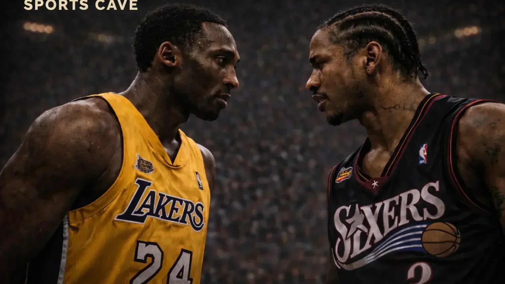 Kobe Bryant and Allen Iverson locked in an intense stare-down on court, dramatic NBA rivalry moment used as blog cover image.