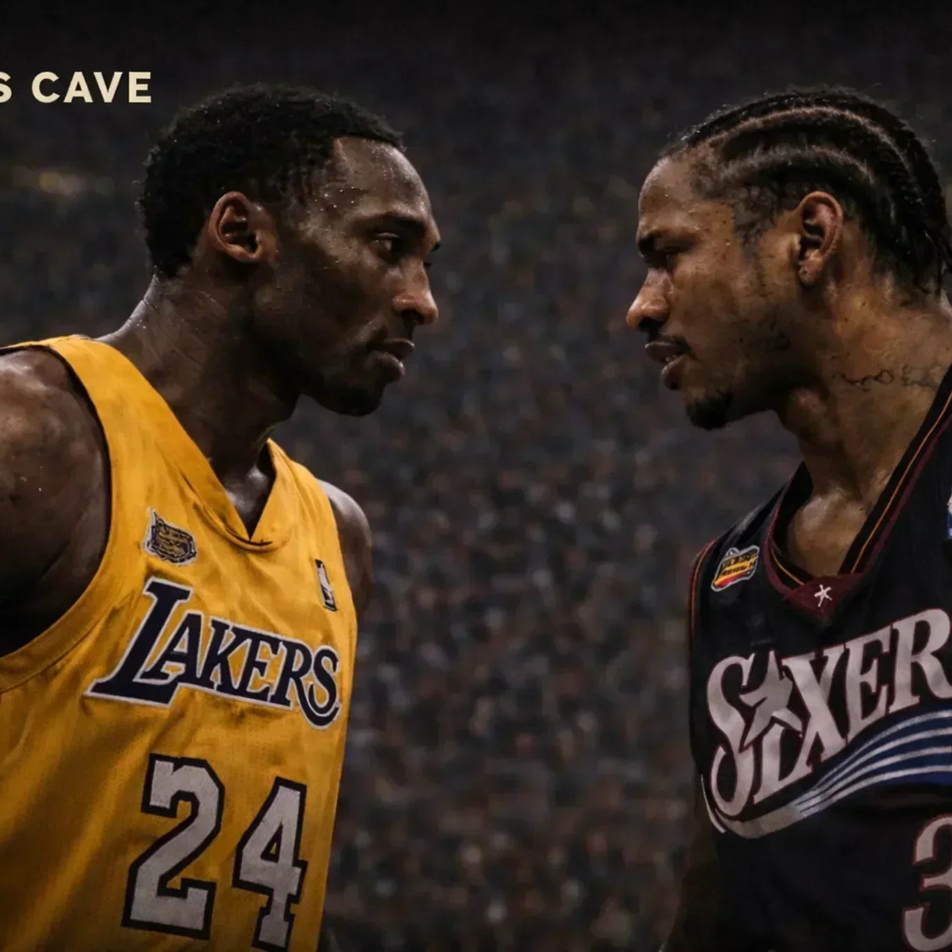 Kobe Bryant and Allen Iverson locked in an intense stare-down on court, dramatic NBA rivalry moment used as blog cover image.