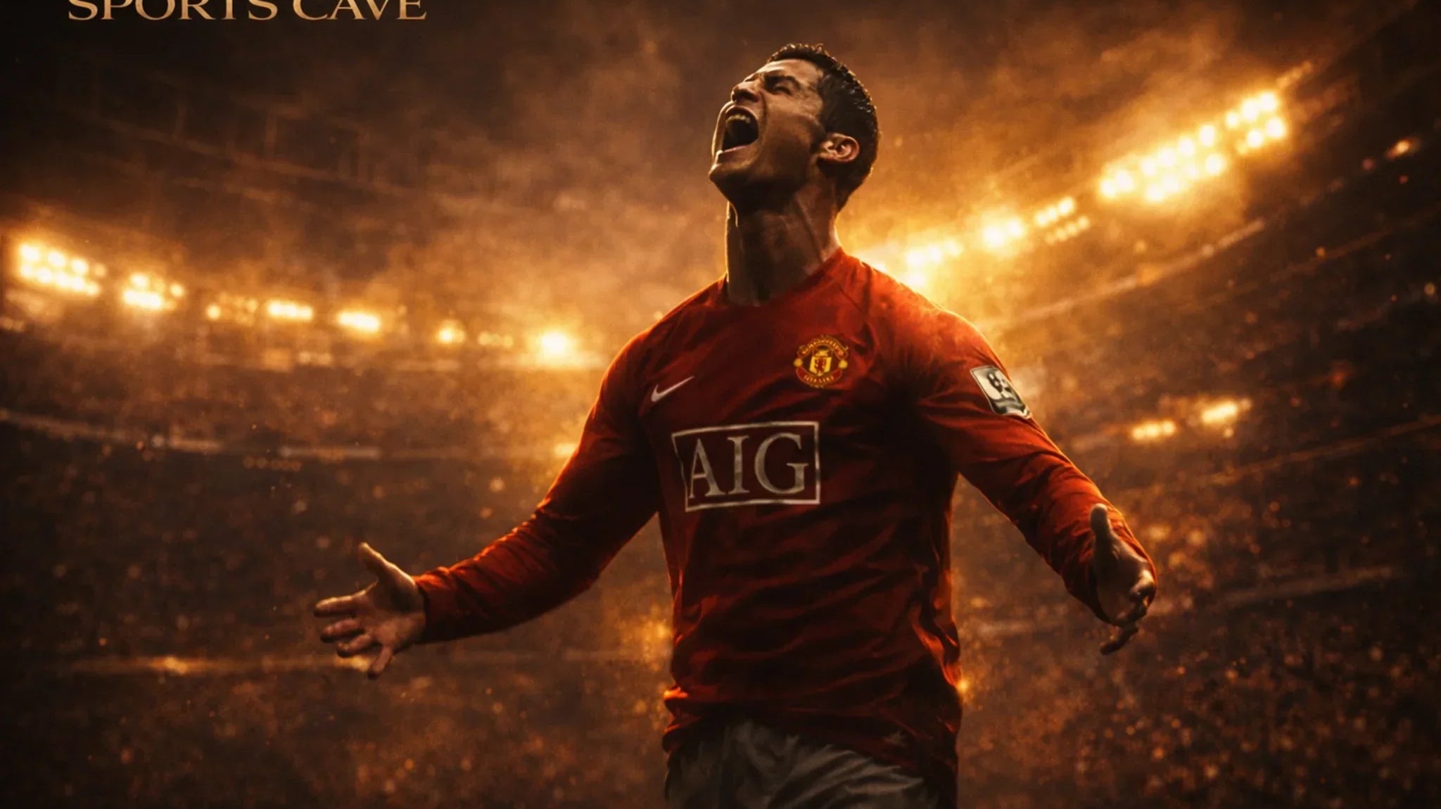 Cristiano Ronaldo Manchester United celebration in golden stadium lighting, premium sports wall art mindset visual