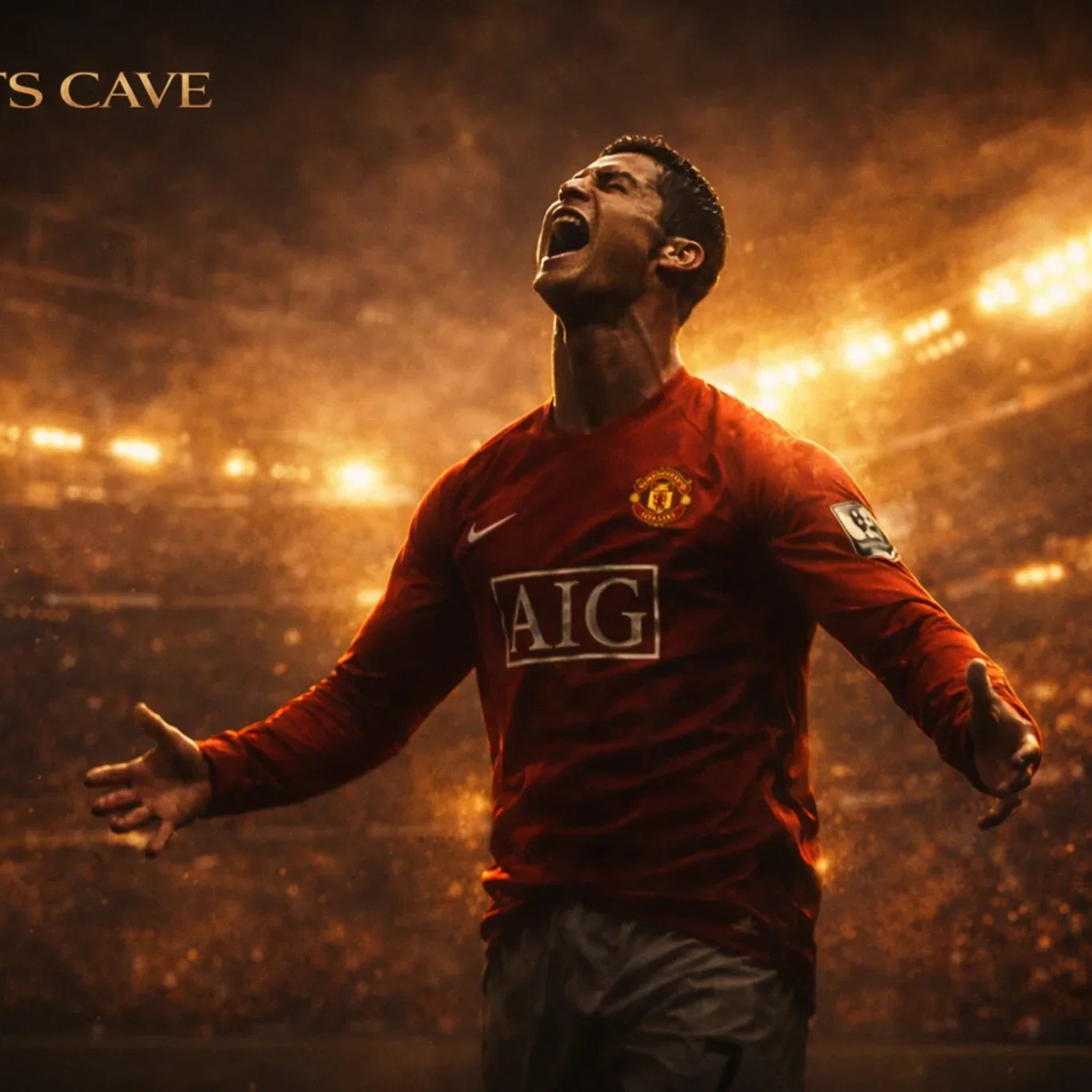 Cristiano Ronaldo Manchester United celebration in golden stadium lighting, premium sports wall art mindset visual
