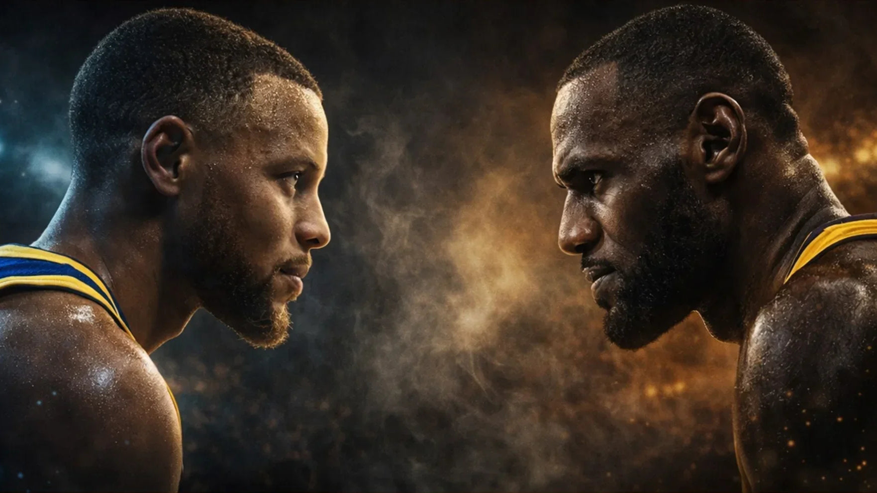 Stephen Curry and LeBron James face off in dramatic NBA rivalry artwork with contrasting blue and gold lighting, premium basketball wall art design