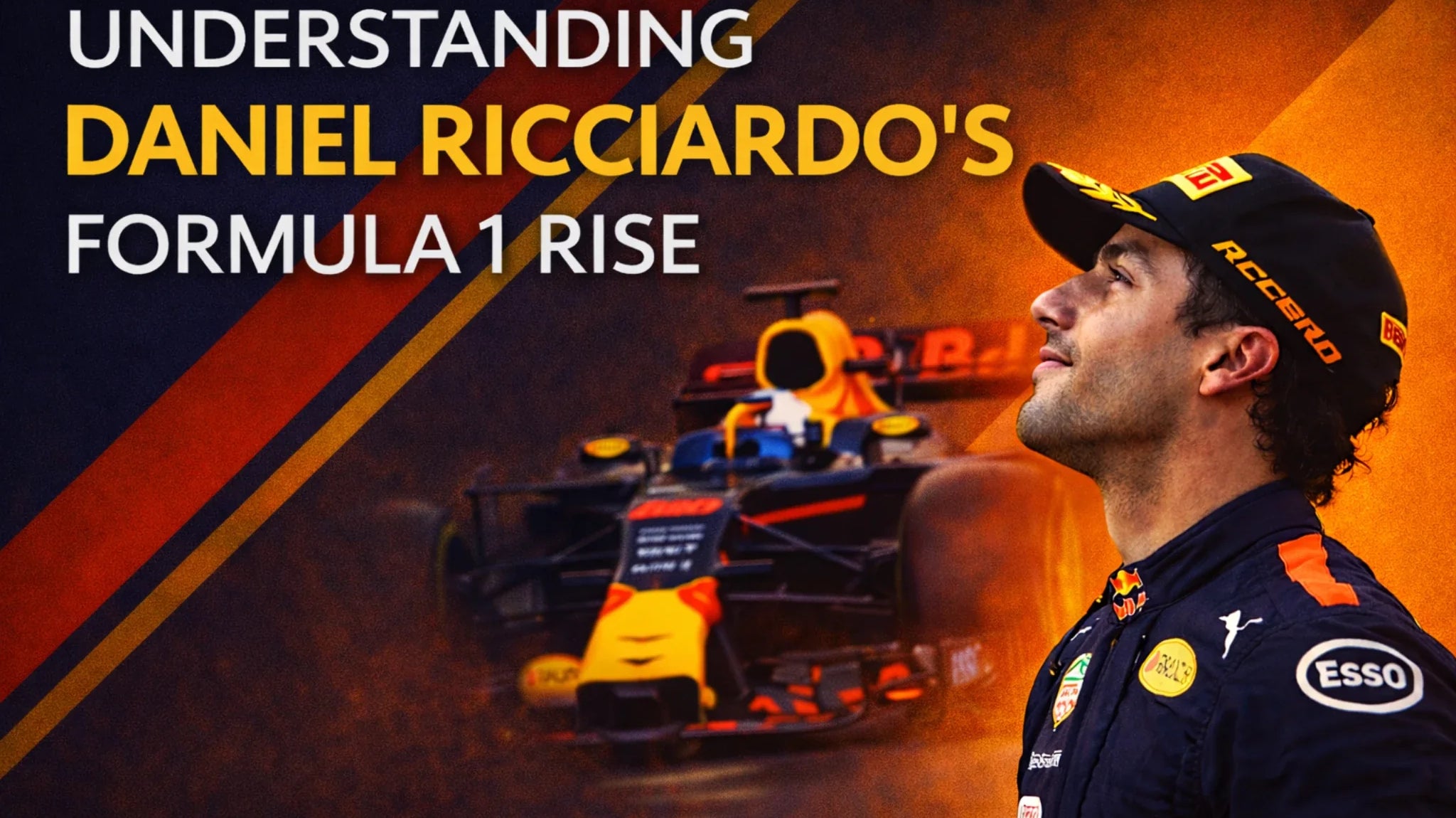 Daniel Ricciardo portrait with Red Bull Formula 1 car background, blog cover exploring his rise in Formula 1 motorsport
