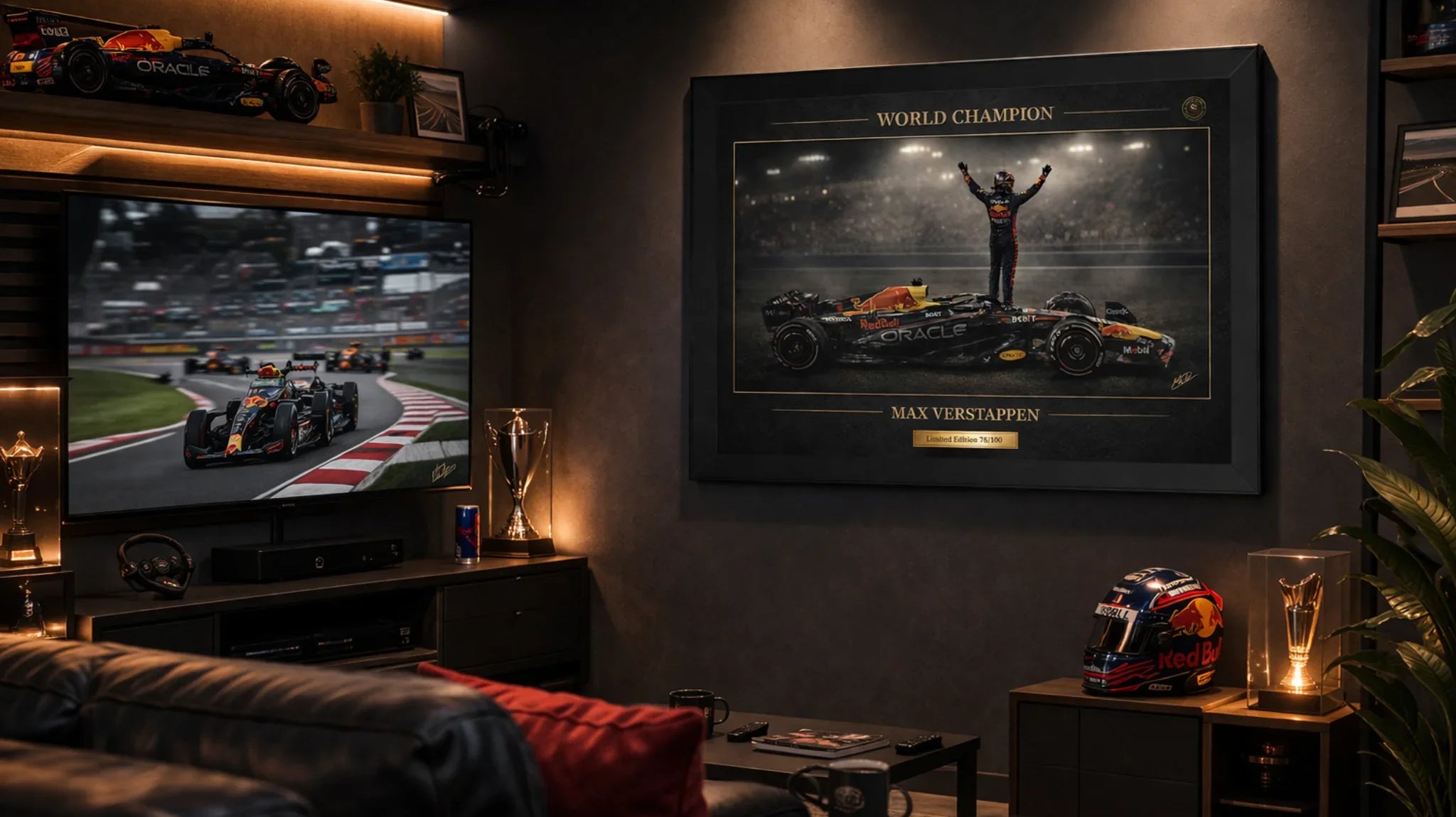 Max Verstappen wall art displayed in a modern F1 man cave with racing setup, ambient lighting, and premium motorsport decor