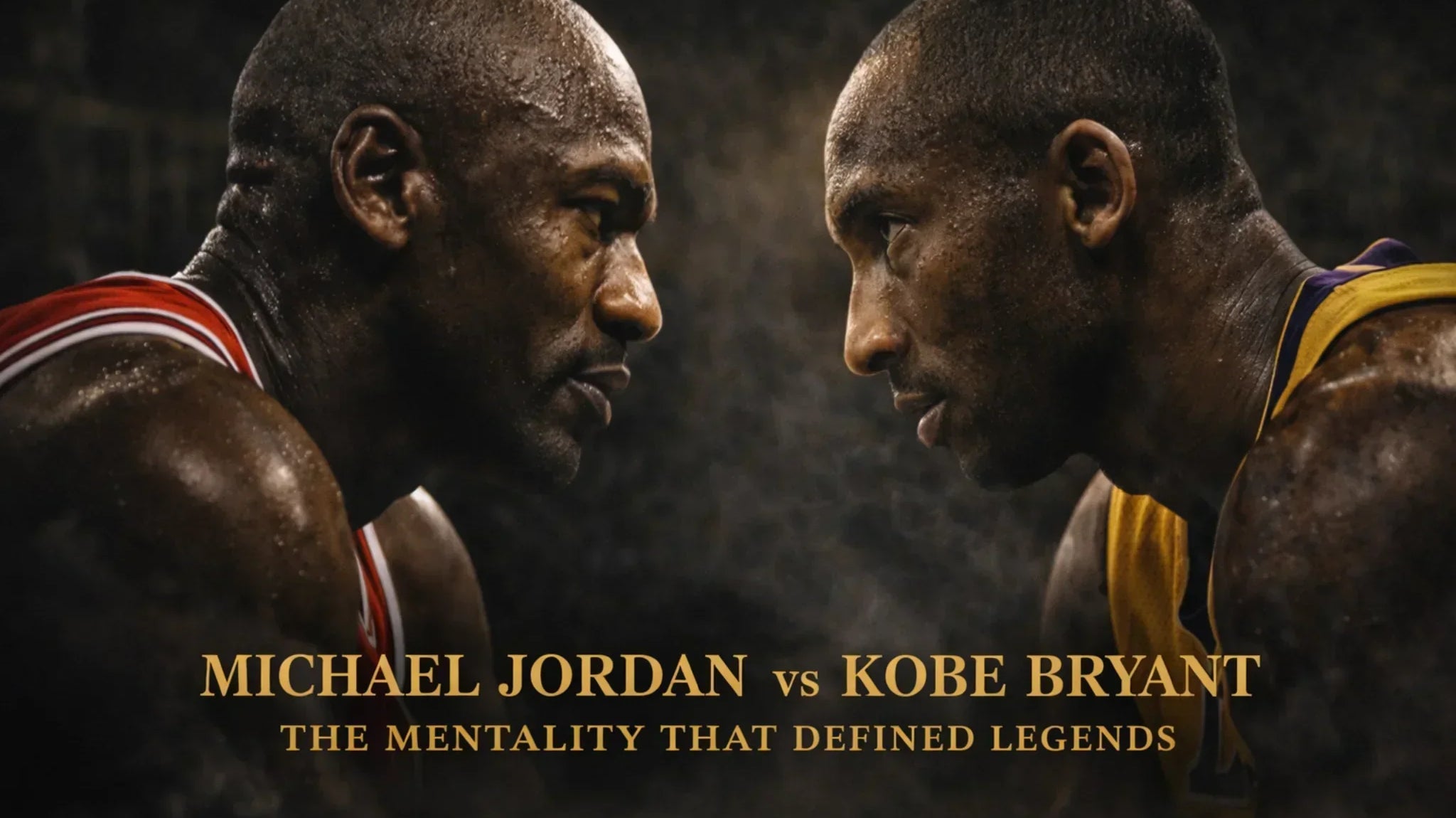 Michael Jordan and Kobe Bryant facing off in dramatic NBA rivalry artwork representing the competitive mentality that defined two basketball legends.
