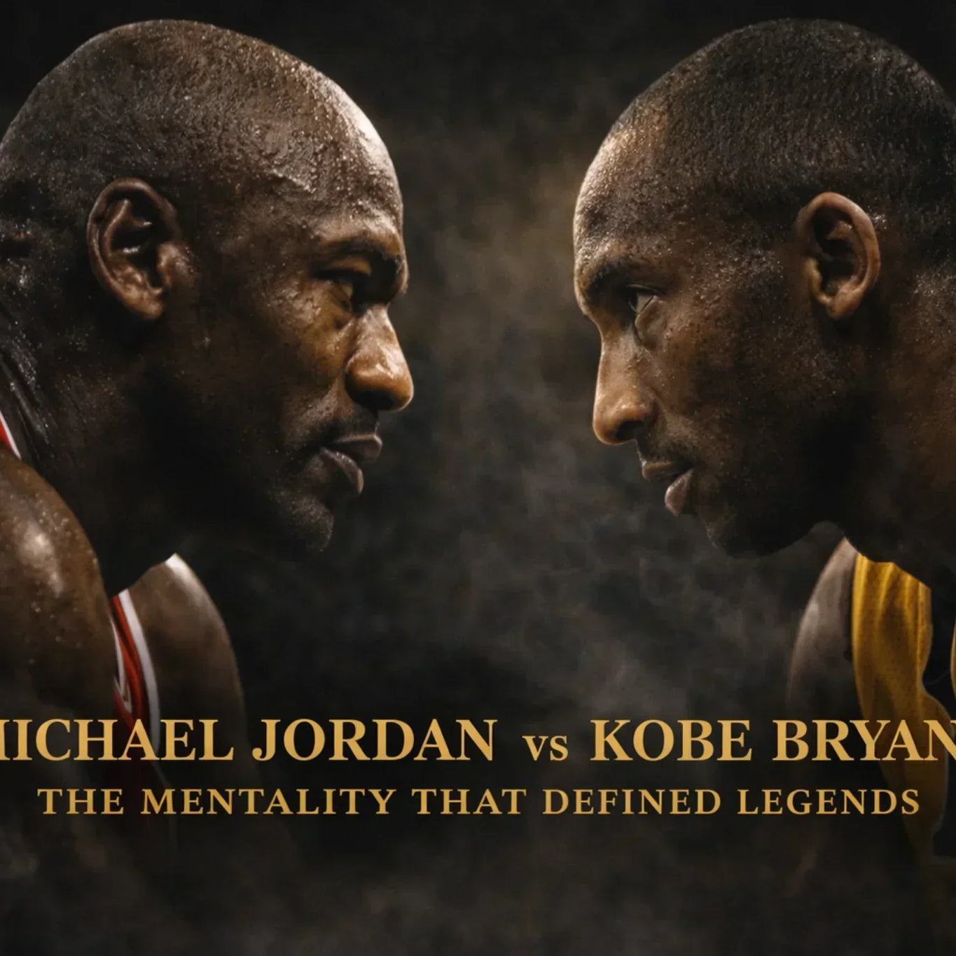 Michael Jordan and Kobe Bryant facing off in dramatic NBA rivalry artwork representing the competitive mentality that defined two basketball legends.
