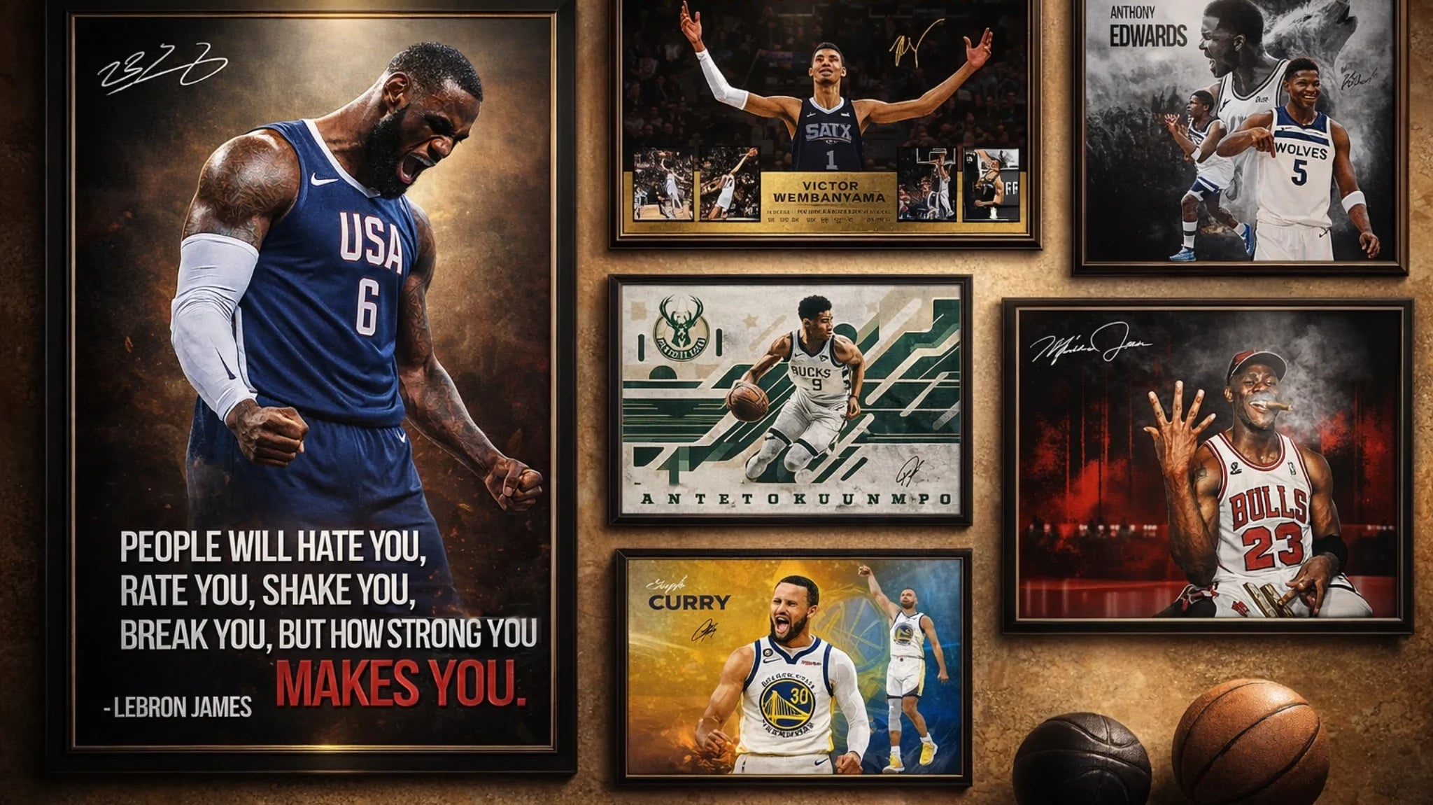 Premium NBA wall art collection featuring framed posters of LeBron James, Michael Jordan, Stephen Curry, Giannis Antetokounmpo, Victor Wembanyama, and Anthony Edwards displayed in a luxury sports decor setting