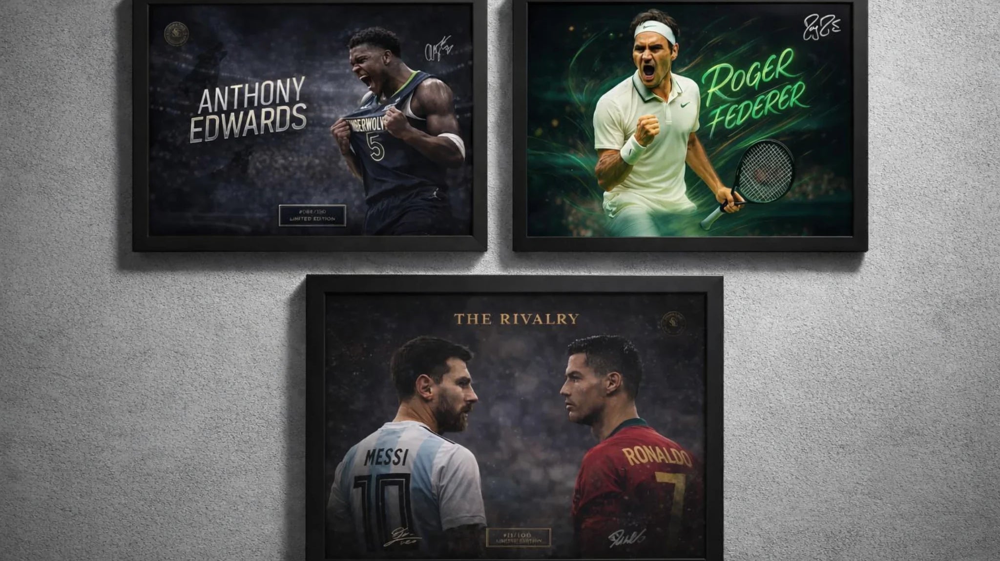 Framed sports wall art gallery featuring Anthony Edwards basketball poster, Roger Federer tennis artwork, and Messi vs Ronaldo rivalry limited edition print displayed on a neutral textured wall.