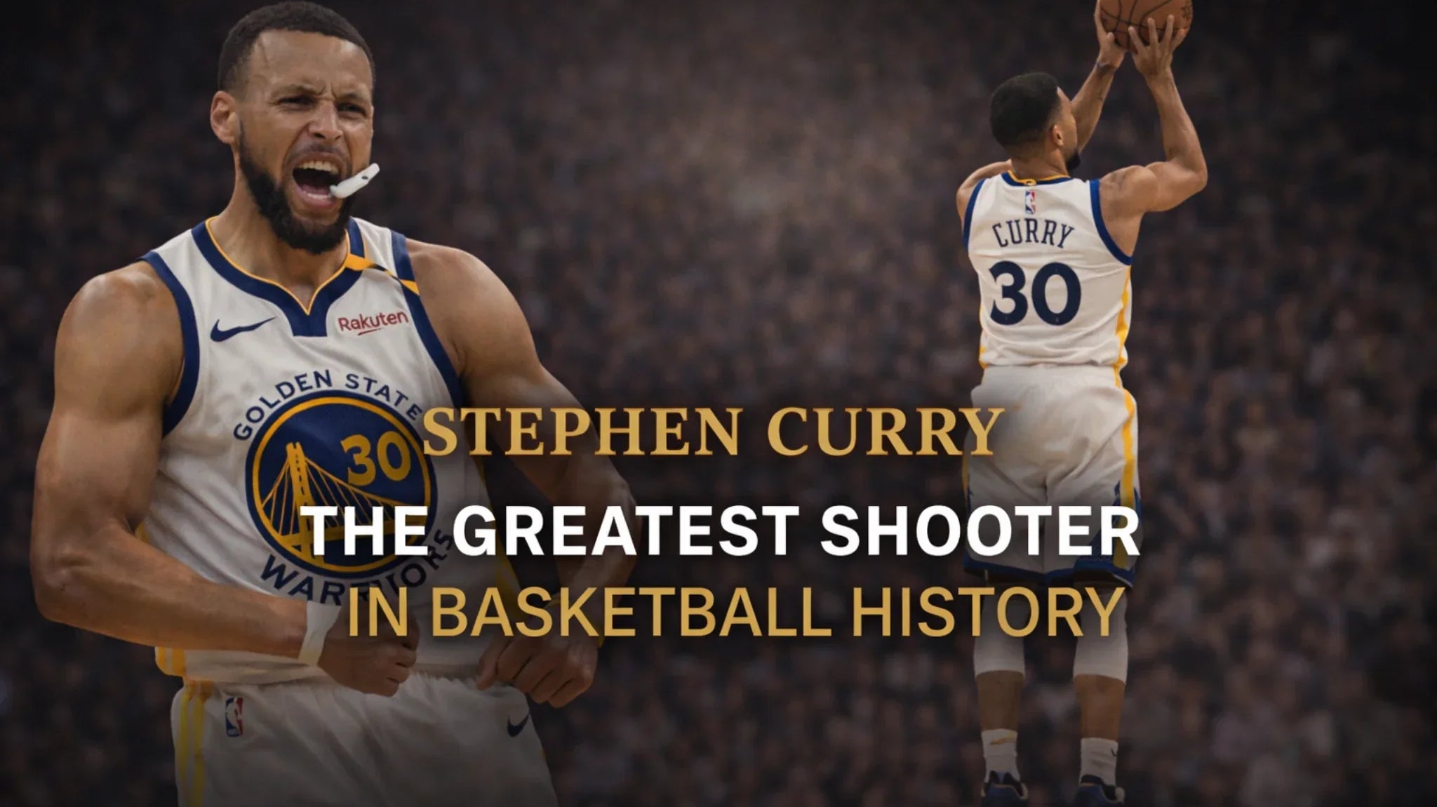 Stephen Curry greatest shooter NBA cover image featuring dynamic action shots and bold typography highlighting his historic impact on basketball