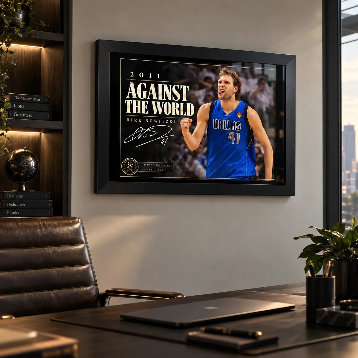 Dirk Nowitzki basketball wall art in a modern office setting, presented in a black frame above the desk.