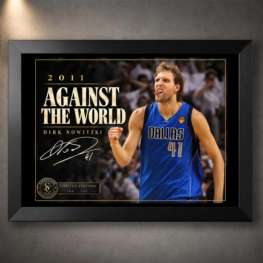 Black framed Dirk Nowitzki basketball wall art featuring the 2011 Against The World collector design.