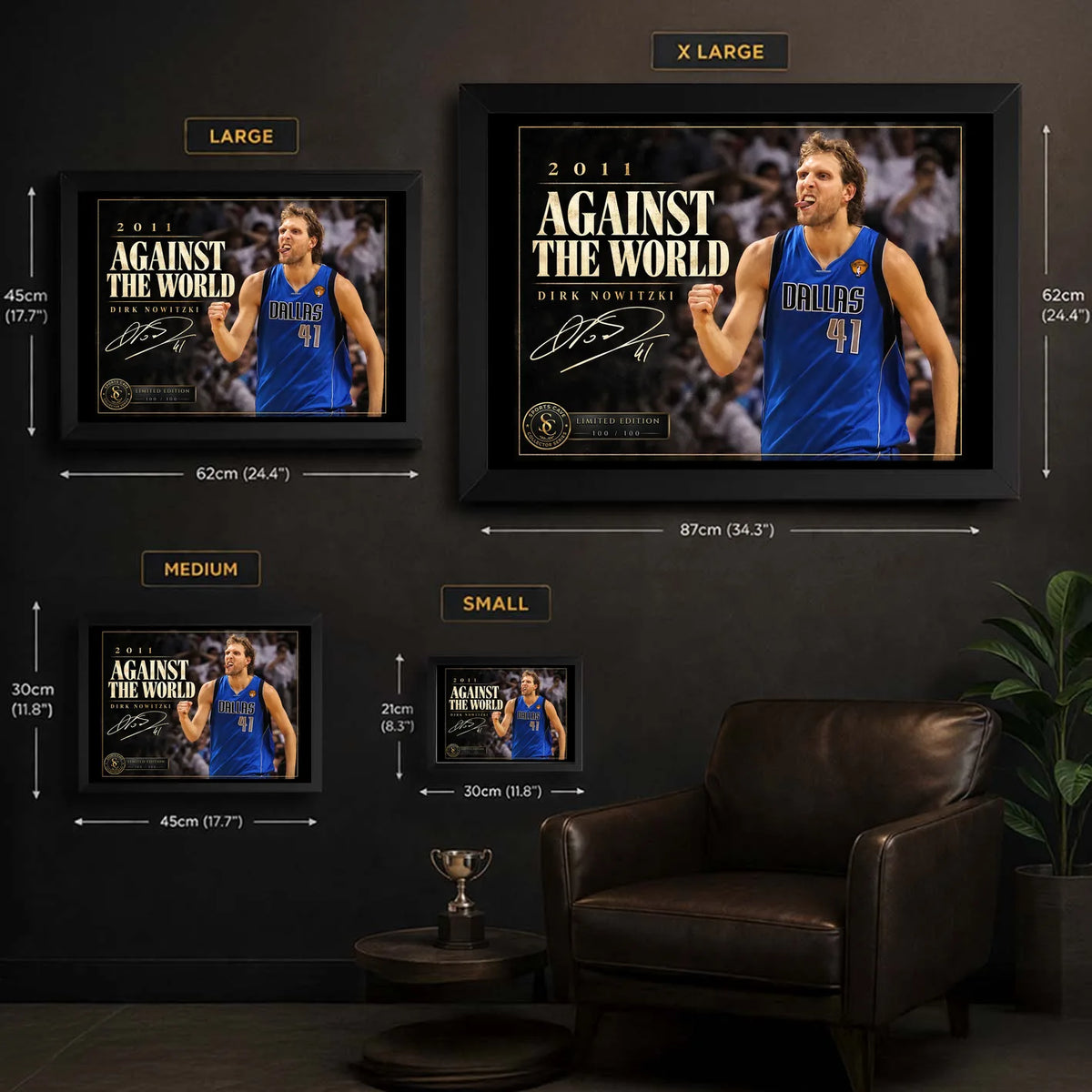 Dirk Nowitzki wall art size guide showing the available framed dimensions from Small through X Large.