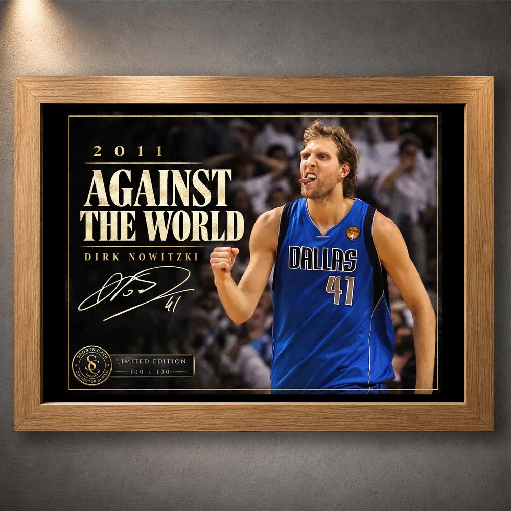 Oak framed Dirk Nowitzki basketball wall art featuring the 2011 Against The World collector design.