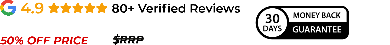 4.9 Google rating with 80+ verified reviews, 50% off price offer, estimated delivery in 2–6 business days, and 30-day money-back guarantee.