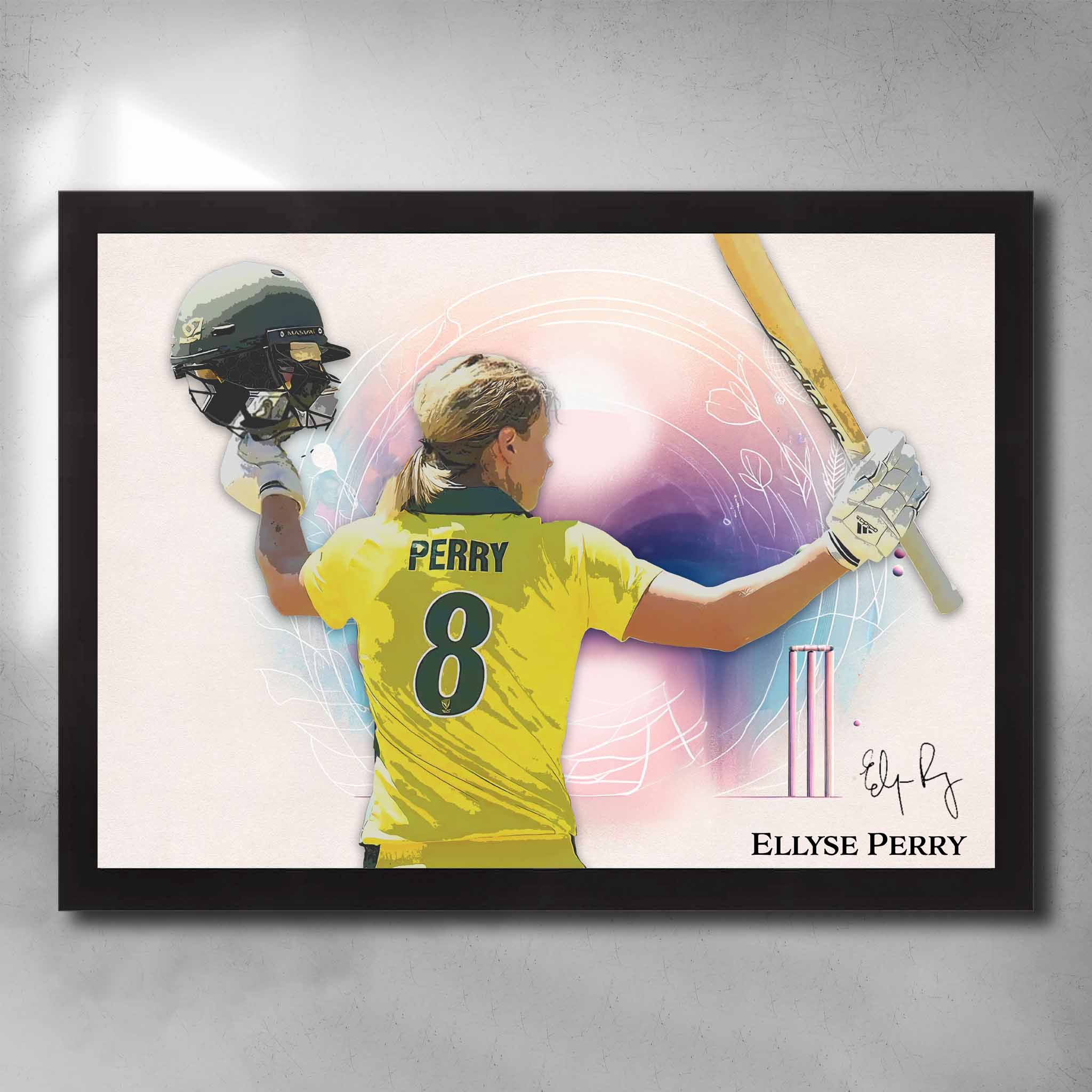 Black framed cricket art by Sports Cave, featuring Ellyse Perry from the Australian women's cricket team.