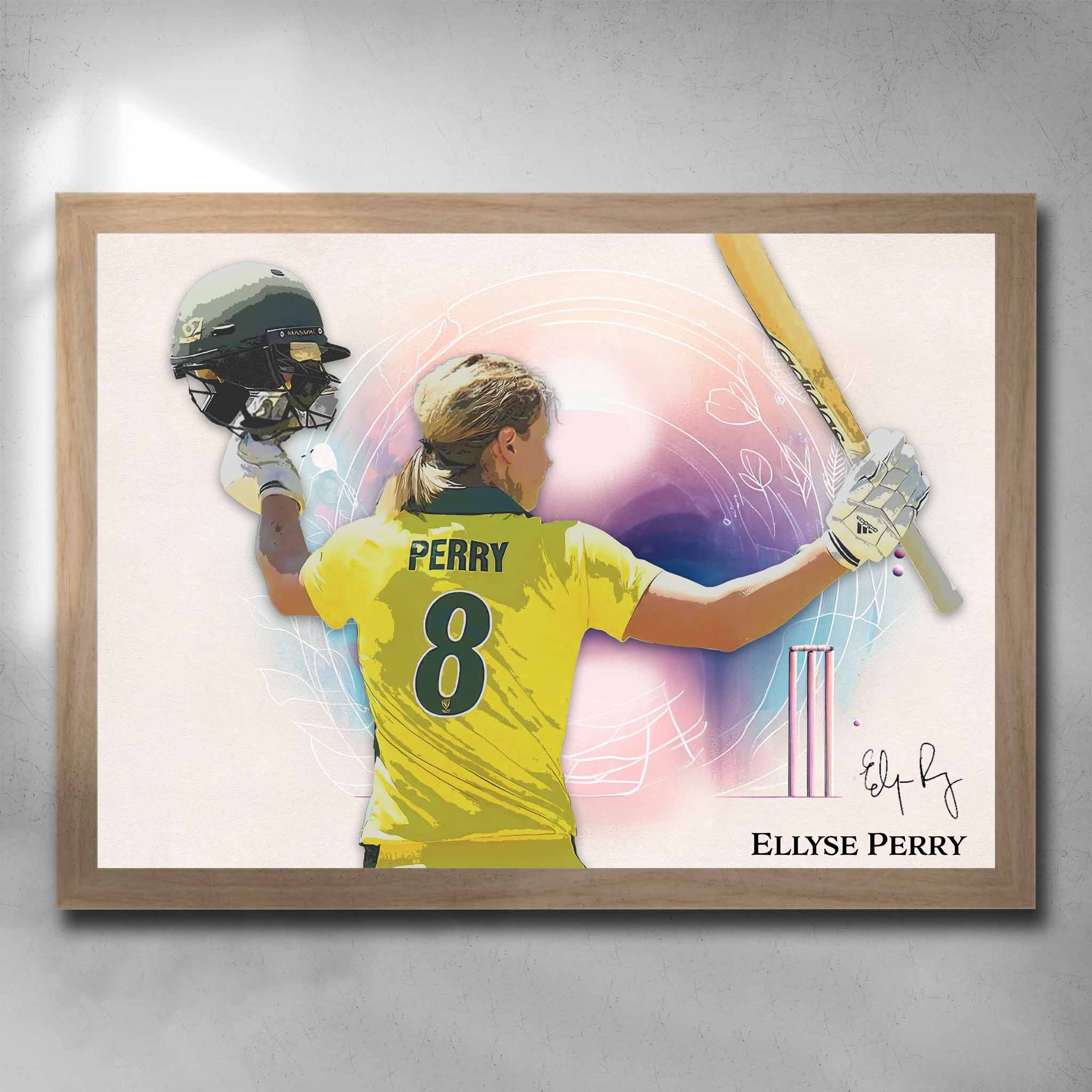Oak framed cricket art by Sports Cave, featuring Ellyse Perry from the Australian women's cricket team.