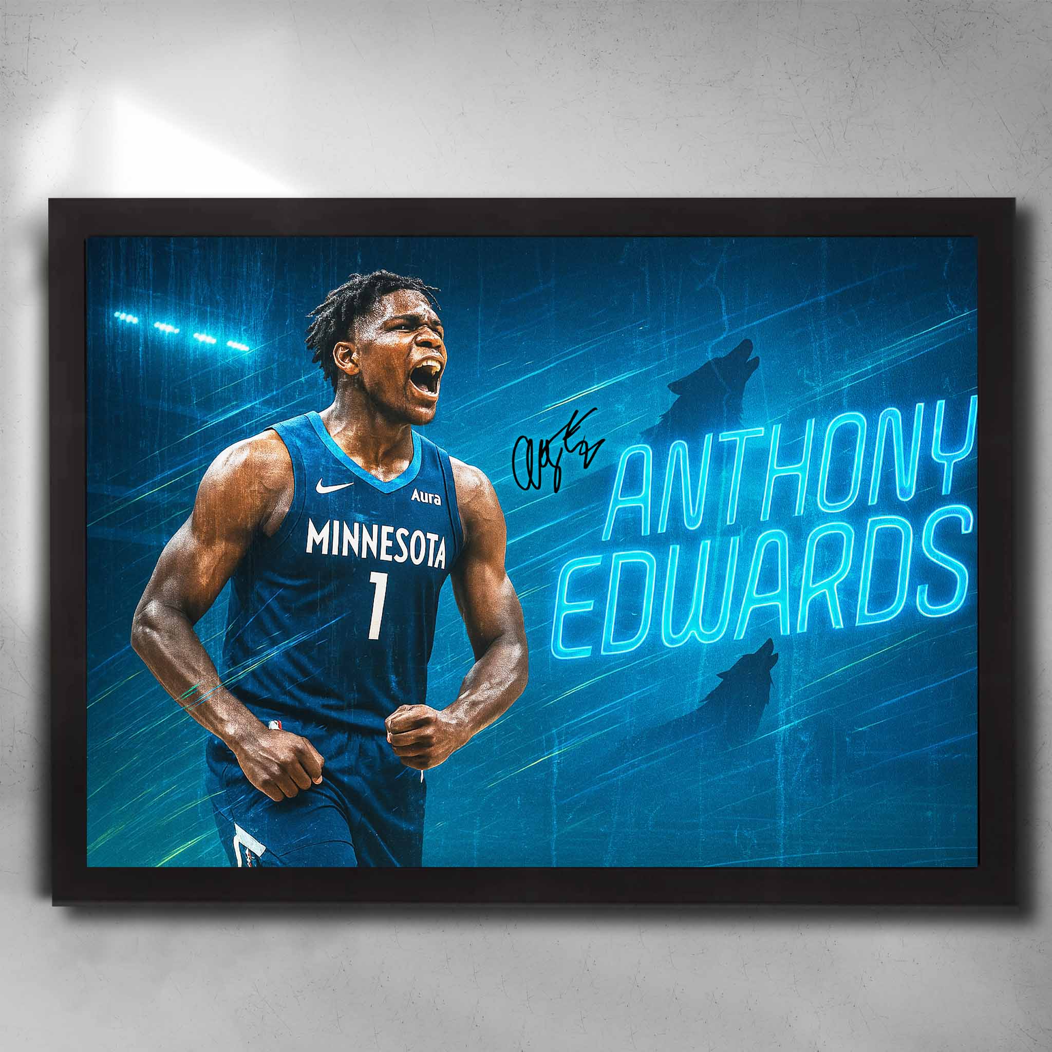 Black framed NBA Poster by Sports Cave, Featuring Anthony Edwards from the Minnesota Timberwolves.