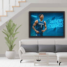 Anthony Edwards from the Minnesota Timberwolves Poster in a black frame on display in a NBA fans house.