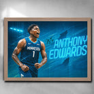 Oak framed NBA Poster by Sports Cave, Featuring Anthony Edwards from the Minnesota Timberwolves.