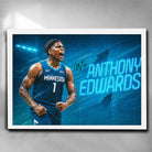 White framed NBA Poster by Sports Cave, Featuring Anthony Edwards from the Minnesota Timberwolves.