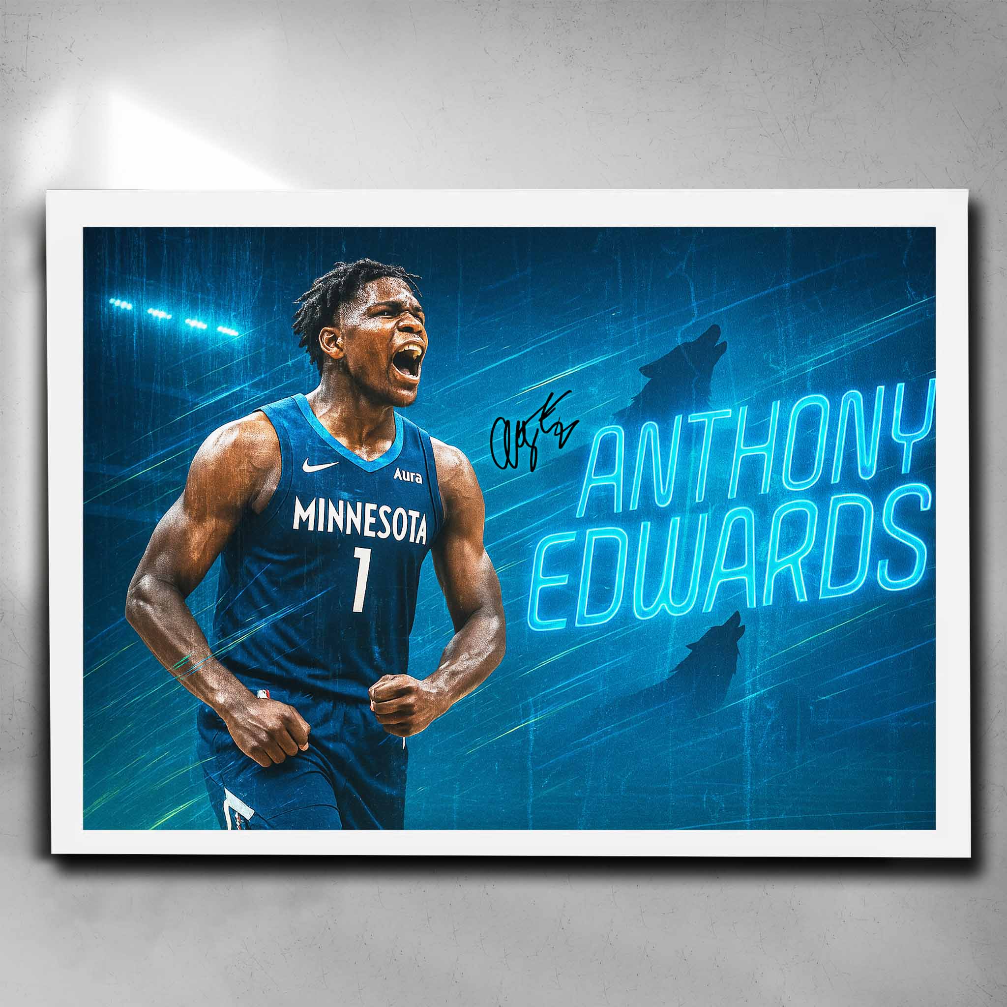 White framed NBA Poster by Sports Cave, Featuring Anthony Edwards from the Minnesota Timberwolves.