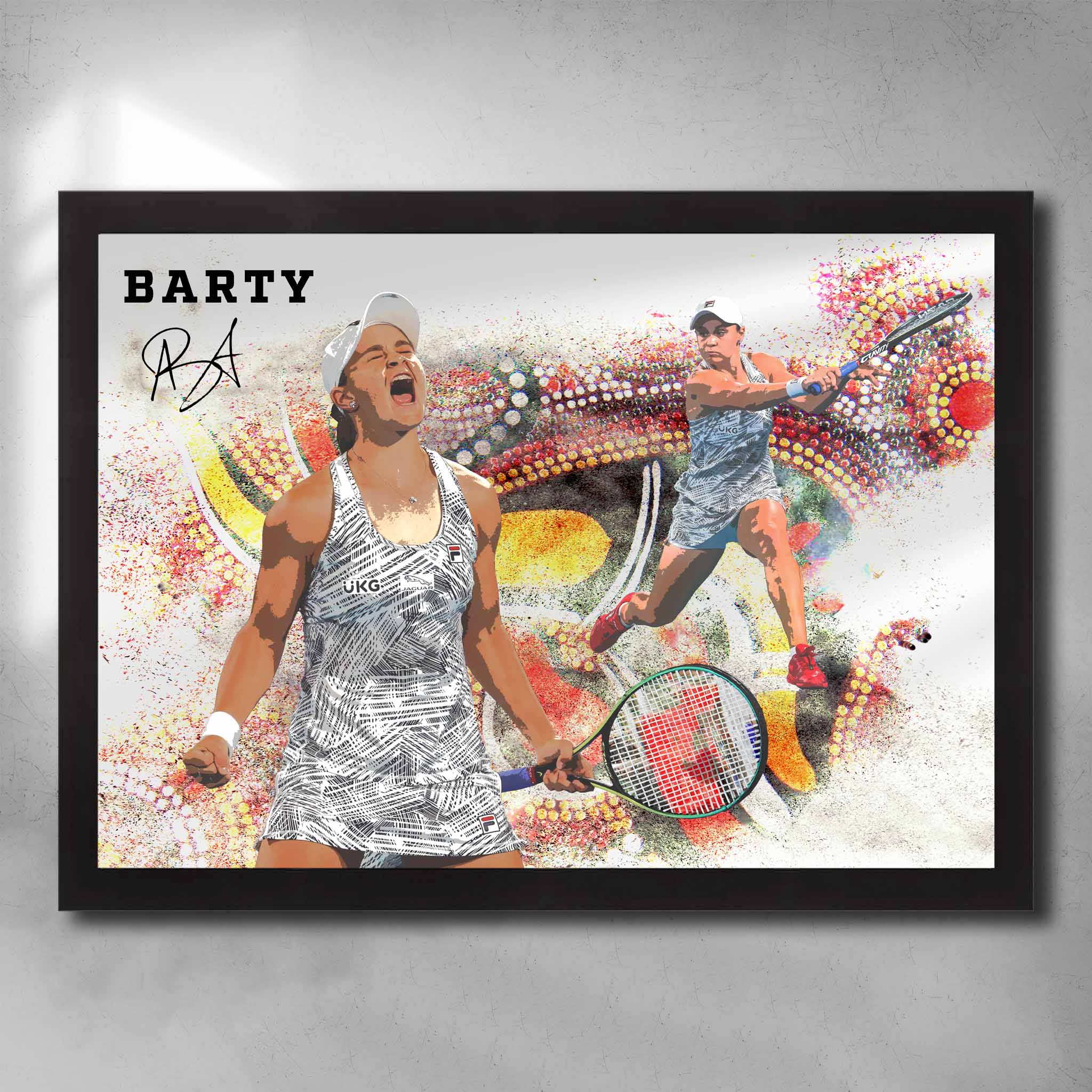Framed Ash Barty tennis wall art with Indigenous-style background and action celebration pose.