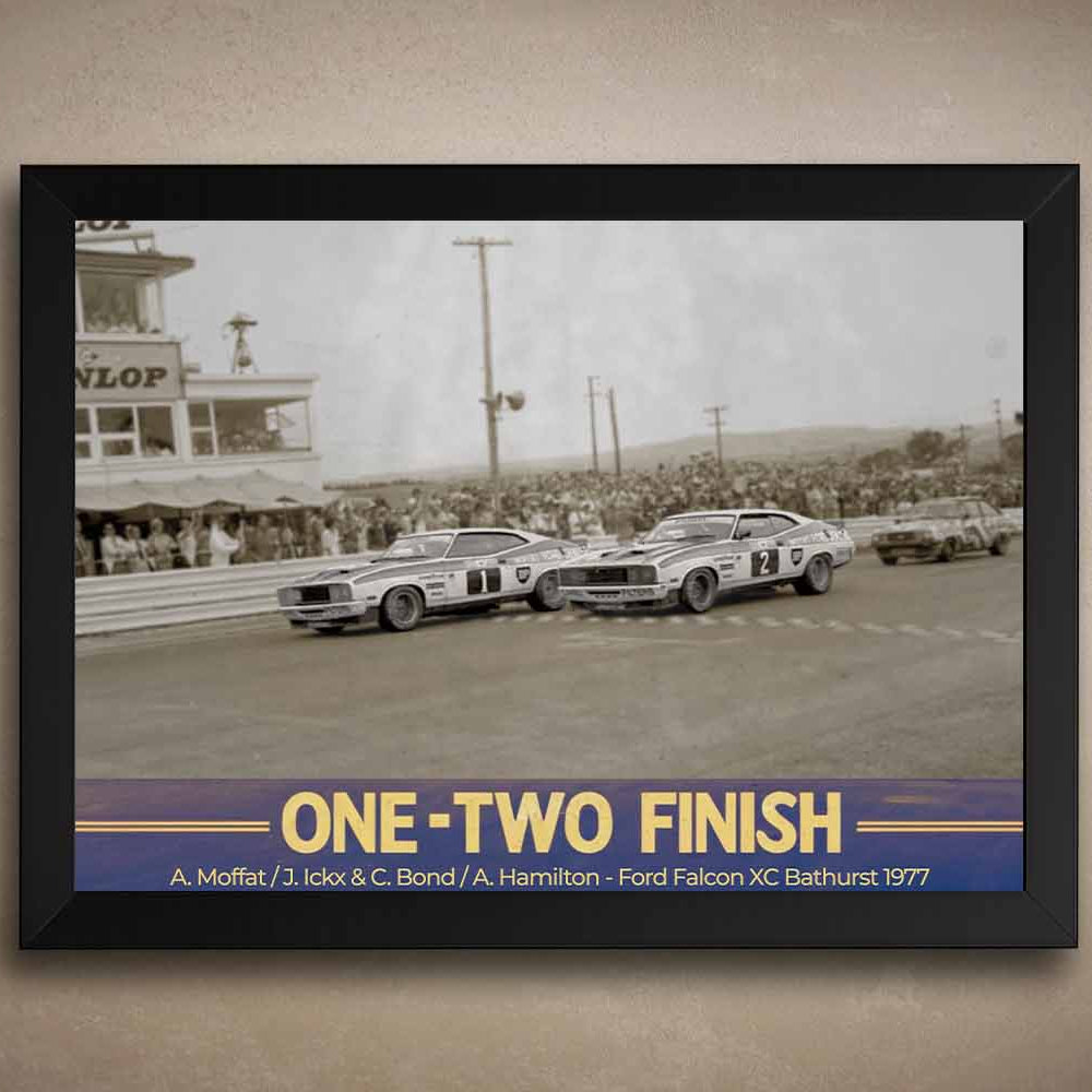 Framed Bathurst 1977 wall art featuring Allan Moffat and Colin Bond Ford Falcon XC one-two finish at Mount Panorama.