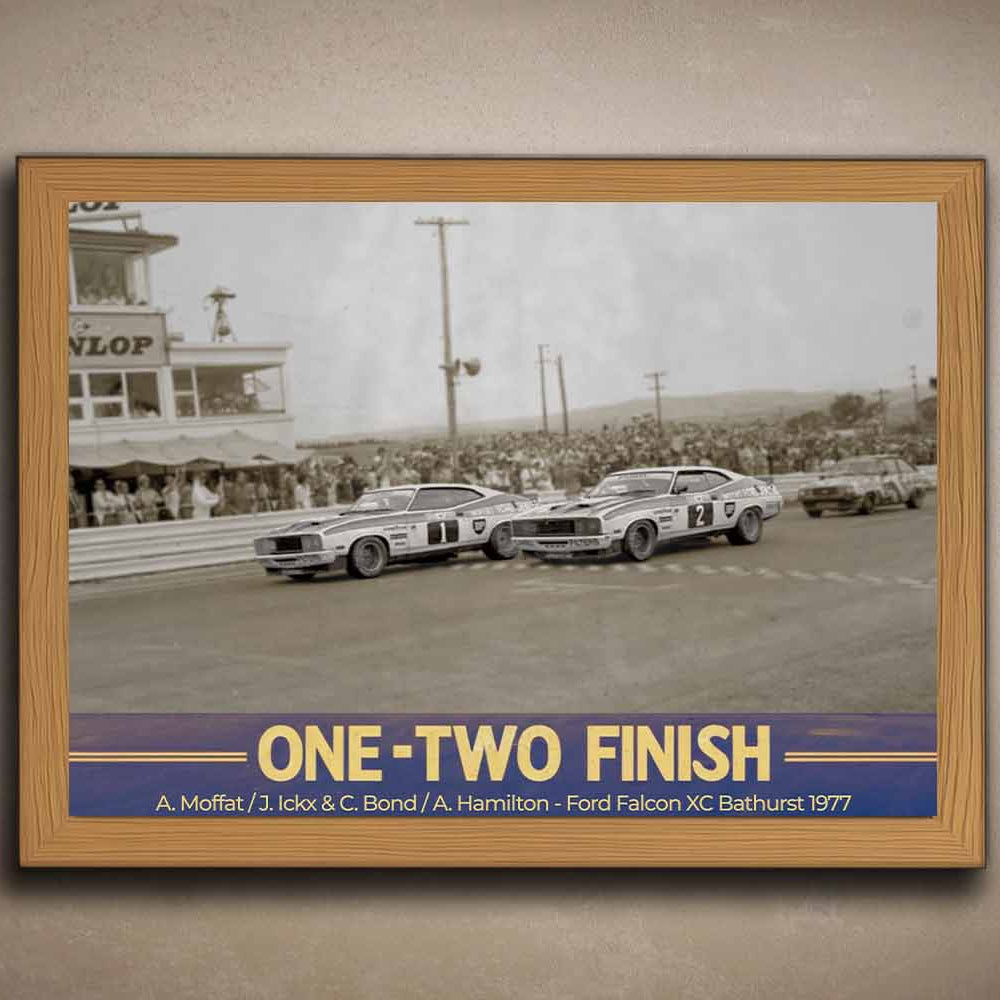 Oak framed Vintage Bathurst 1977 Ford Falcon XC One-Two Finish Art by Sports Cave.