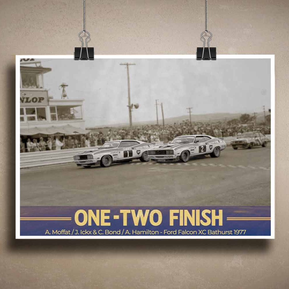 Vintage Bathurst Poster of 1977 Ford Falcon XC One-Two Finish Art by Sports Cave.