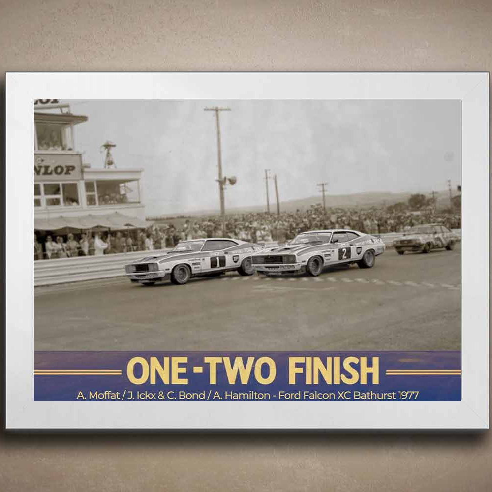 White-framed Bathurst 1977 One-Two Finish print featuring Moffat and Bond — iconic framed sports memorabilia for motorsport fans.