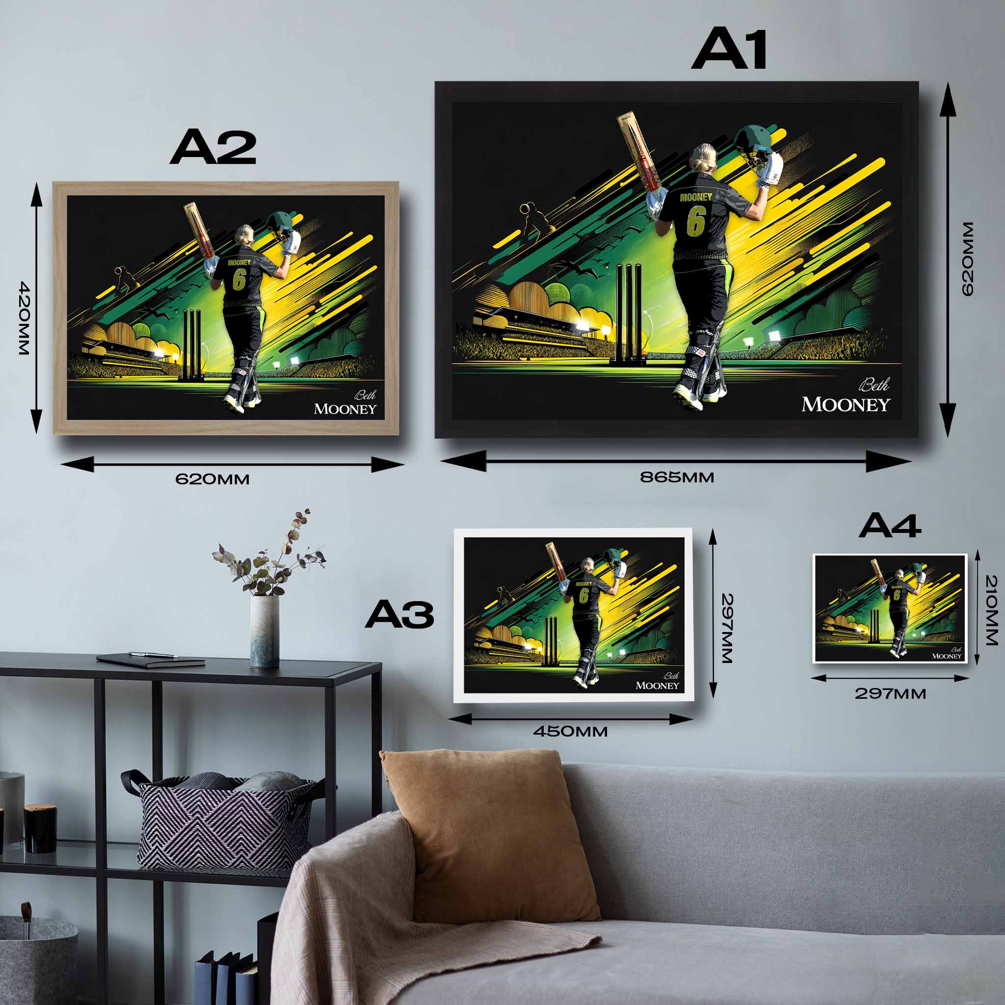 Beth Mooney framed poster sizing guide.