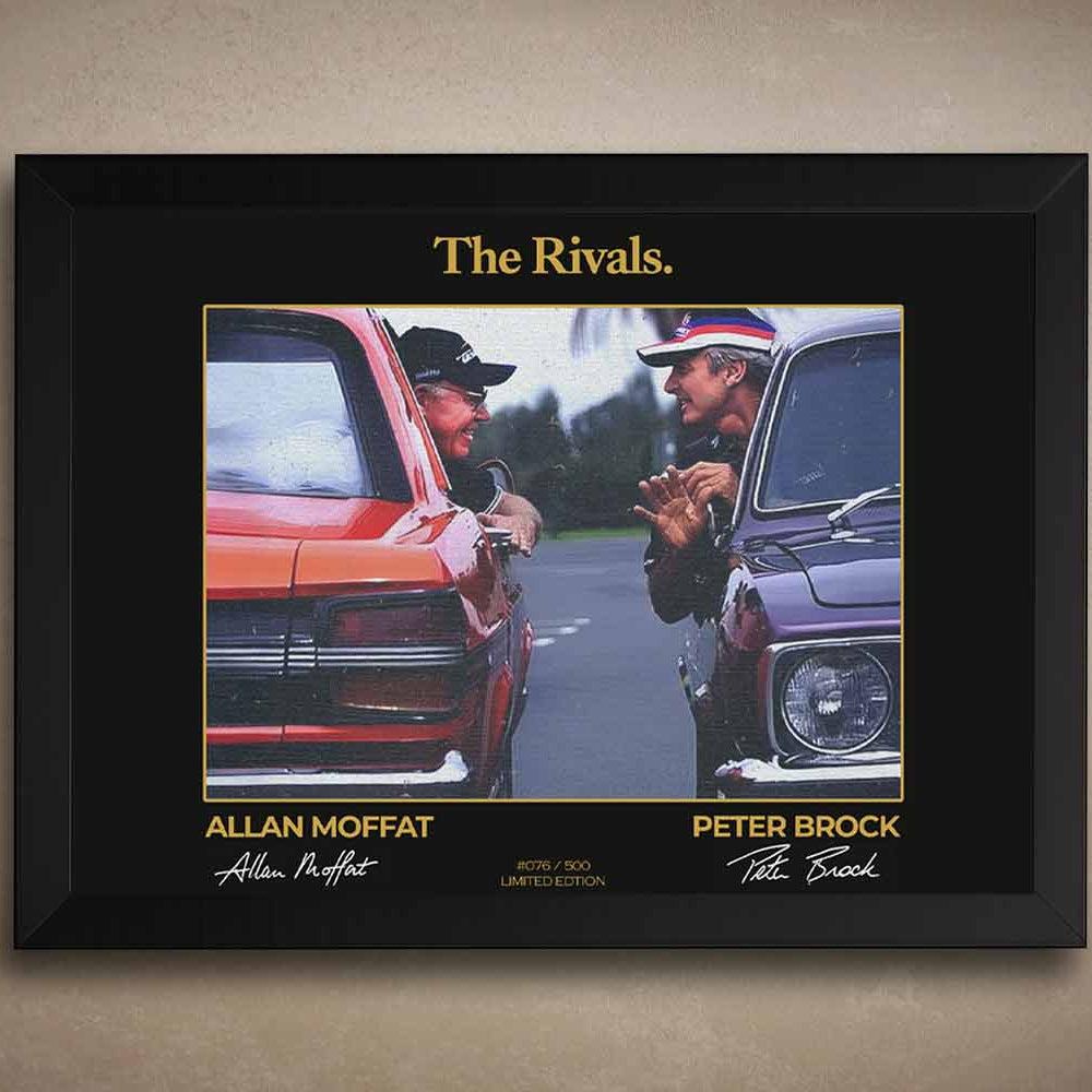 Framed Allan Moffat and Peter Brock wall art featuring classic muscle cars and iconic Australian motorsport rivalry.