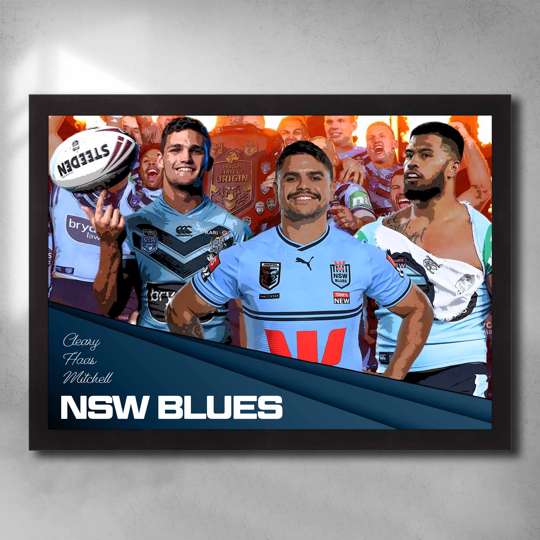 Black framed State of Origin art by Sports Cave, featuring the NSW Blues Latrell Mitchell, Nathan Cleary and Payne Haas.