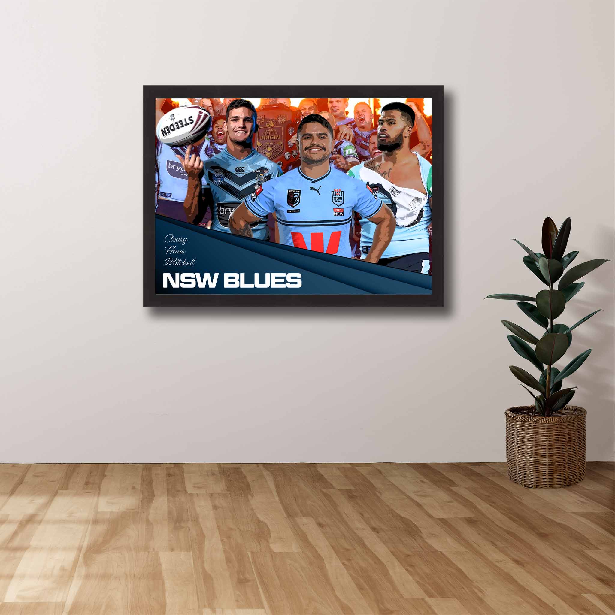 Devoted NSW Blues fan's tribute: Cleary, Mitchell and Haas framed art proudly displayed on the wall.