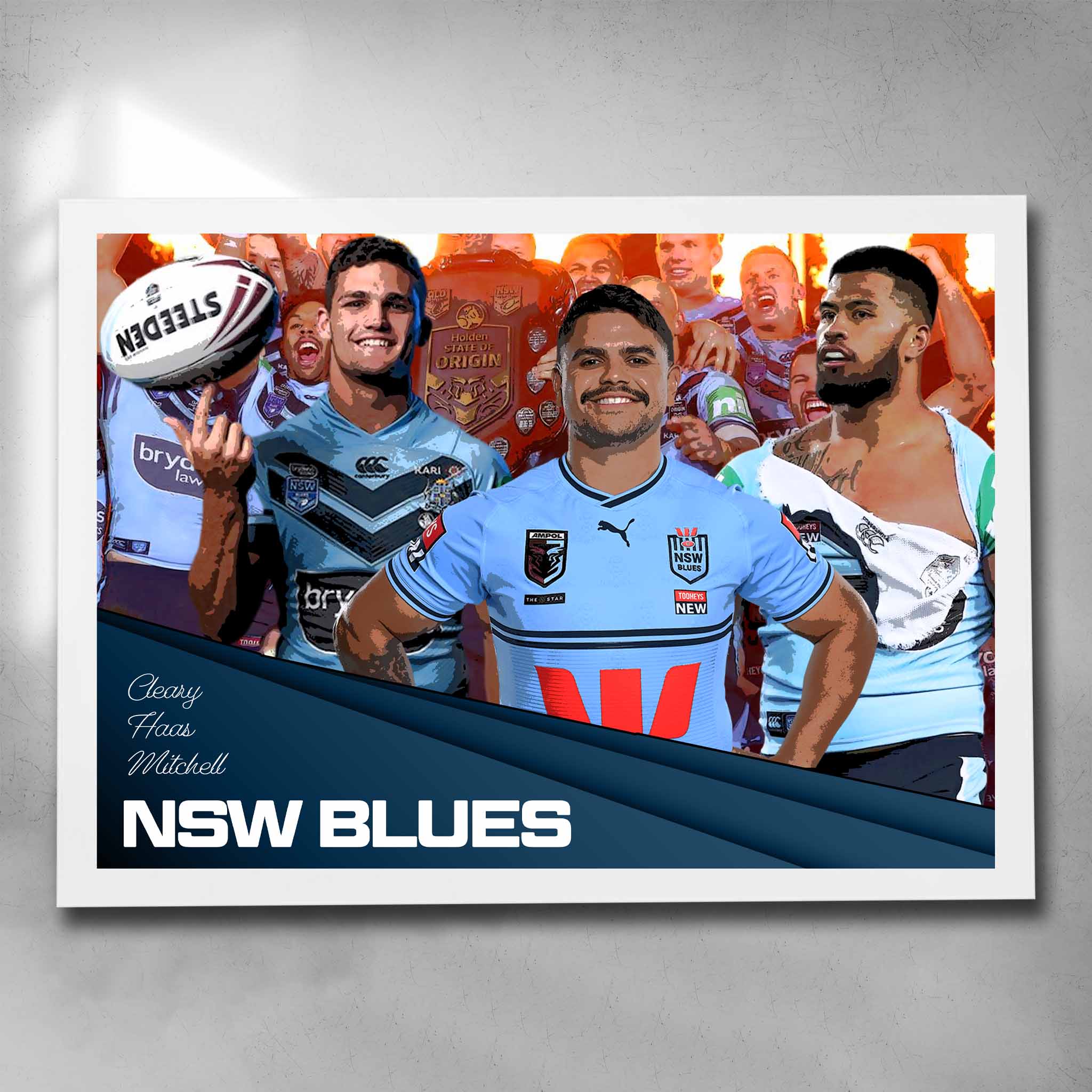 White framed State of Origin art by Sports Cave, featuring the NSW Blues Latrell Mitchell, Nathan Cleary and Payne Haas.
