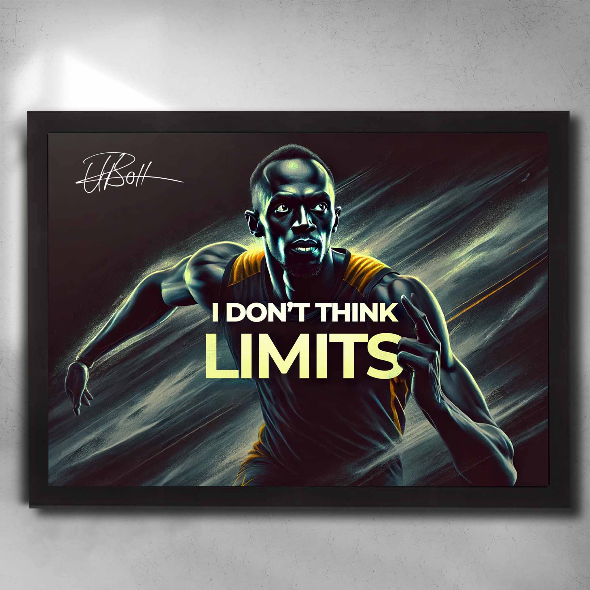 Framed Usain Bolt motivational wall art featuring sprinting pose, “I Don’t Think Limits” quote, and speed-streak graphic design.