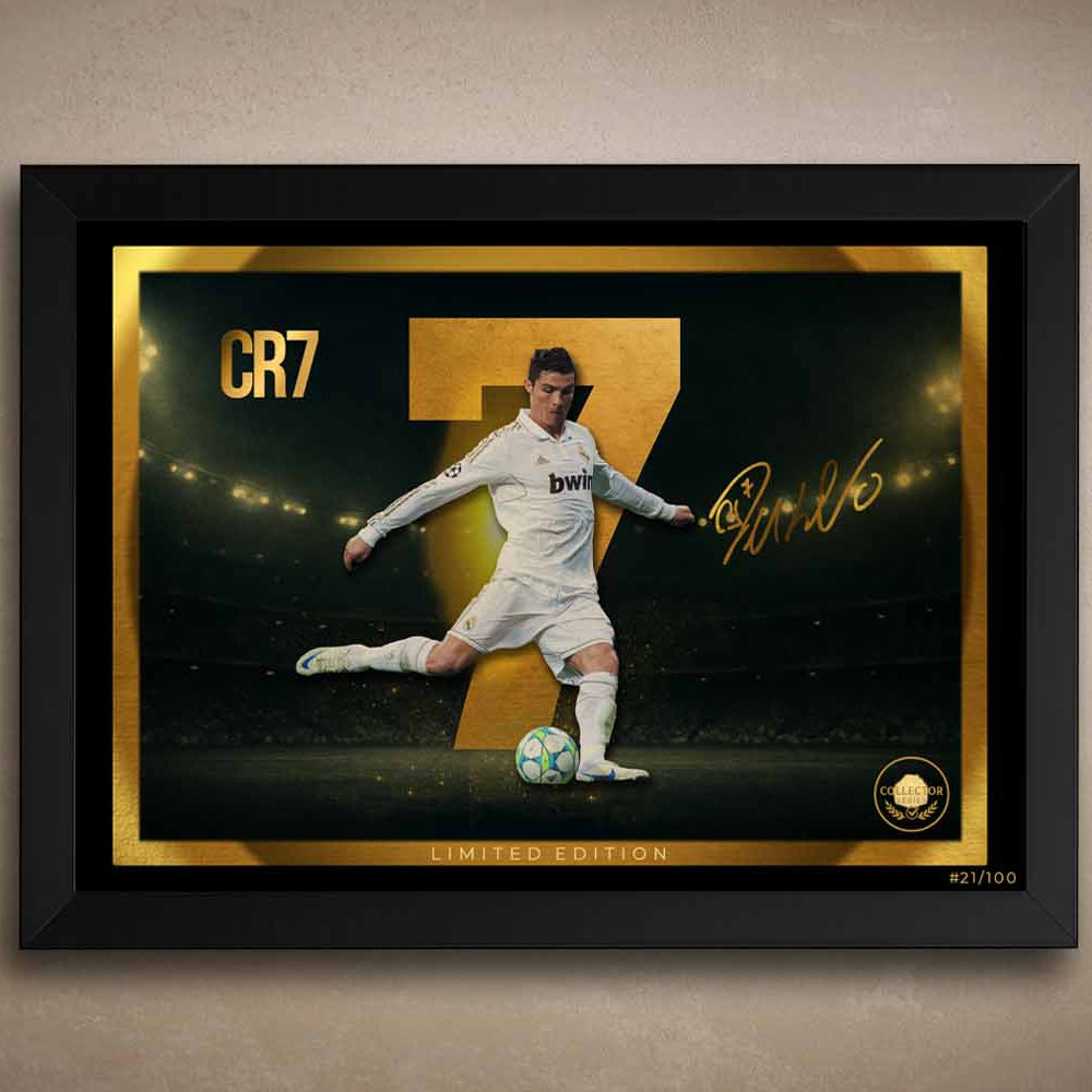 Premium CR7 wall art featuring Cristiano Ronaldo mid-strike in a black frame, part of a limited edition sports print series perfect for man cave wall décor or framed sports memorabilia collectors.