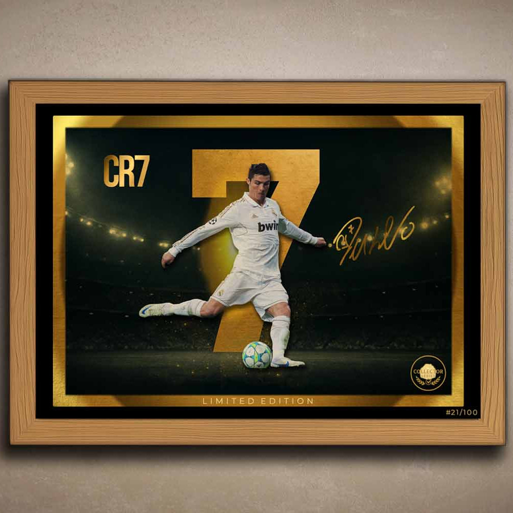 CR7 wall art in an oak frame, showcasing a premium limited edition sports print — perfect for fans looking to elevate their man cave wall décor.
