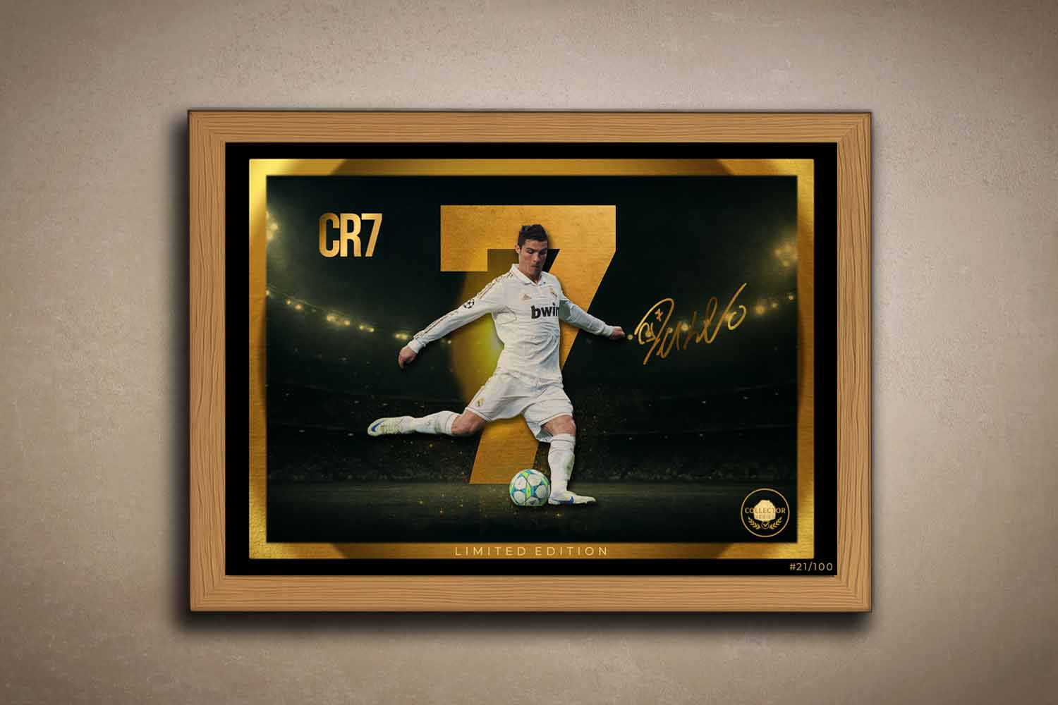 CR7 wall art in an oak frame, showcasing a premium limited edition sports print — perfect for fans looking to elevate their man cave wall décor.