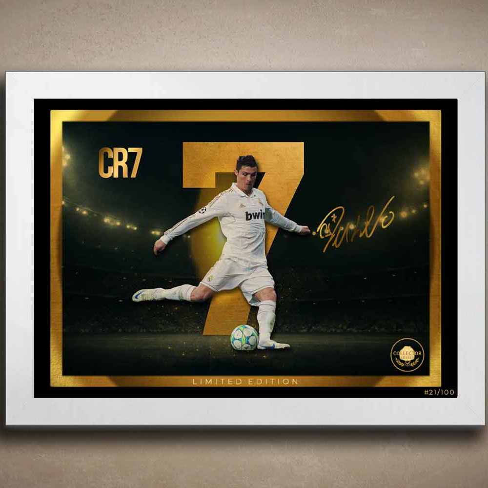 CR7 wall art in a sleek white frame — a premium framed sports memorabilia piece from the limited edition collector series, ideal for modern man cave décor.