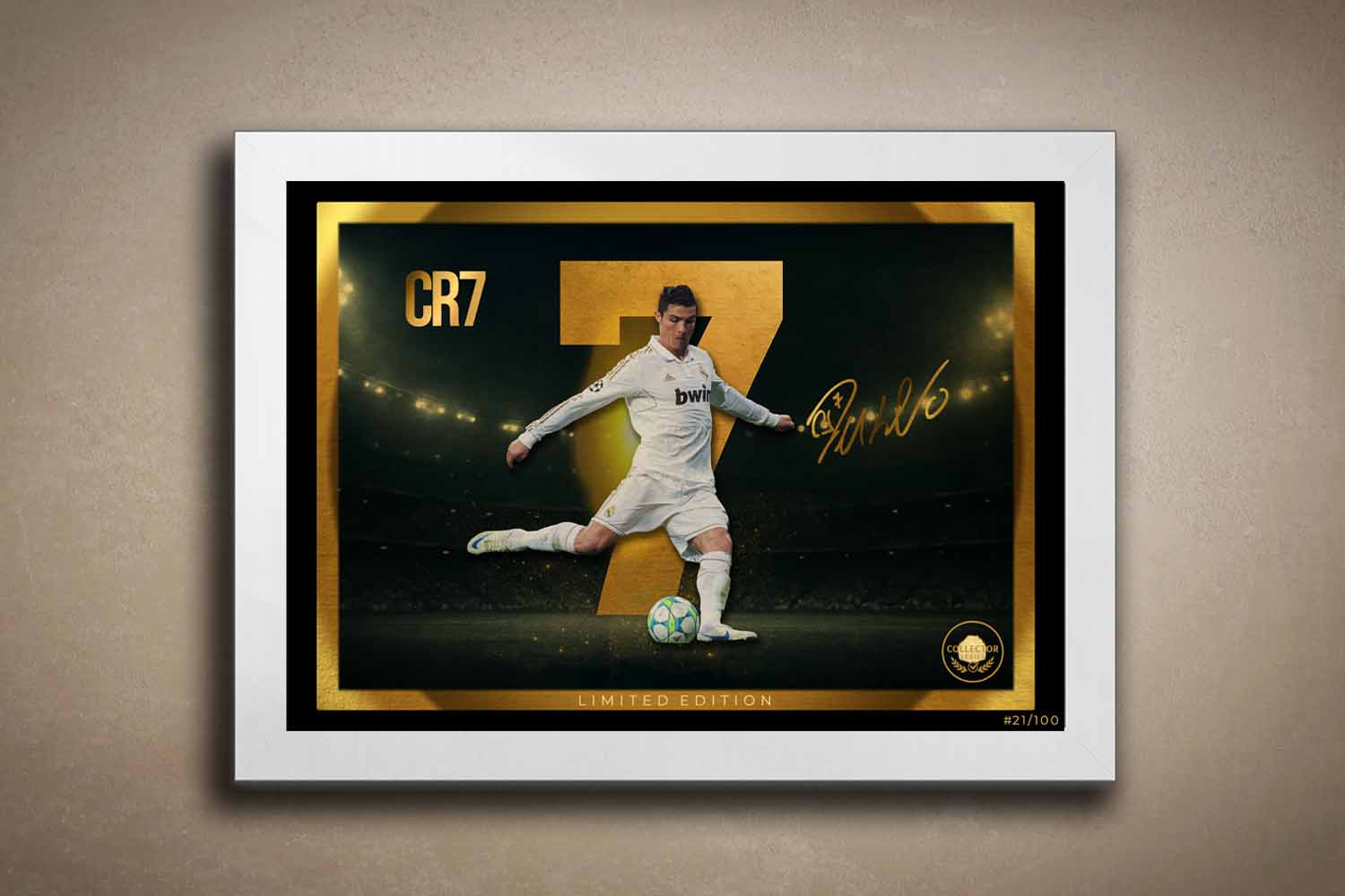 CR7 wall art in a sleek white frame — a premium framed sports memorabilia piece from the limited edition collector series, ideal for modern man cave décor.