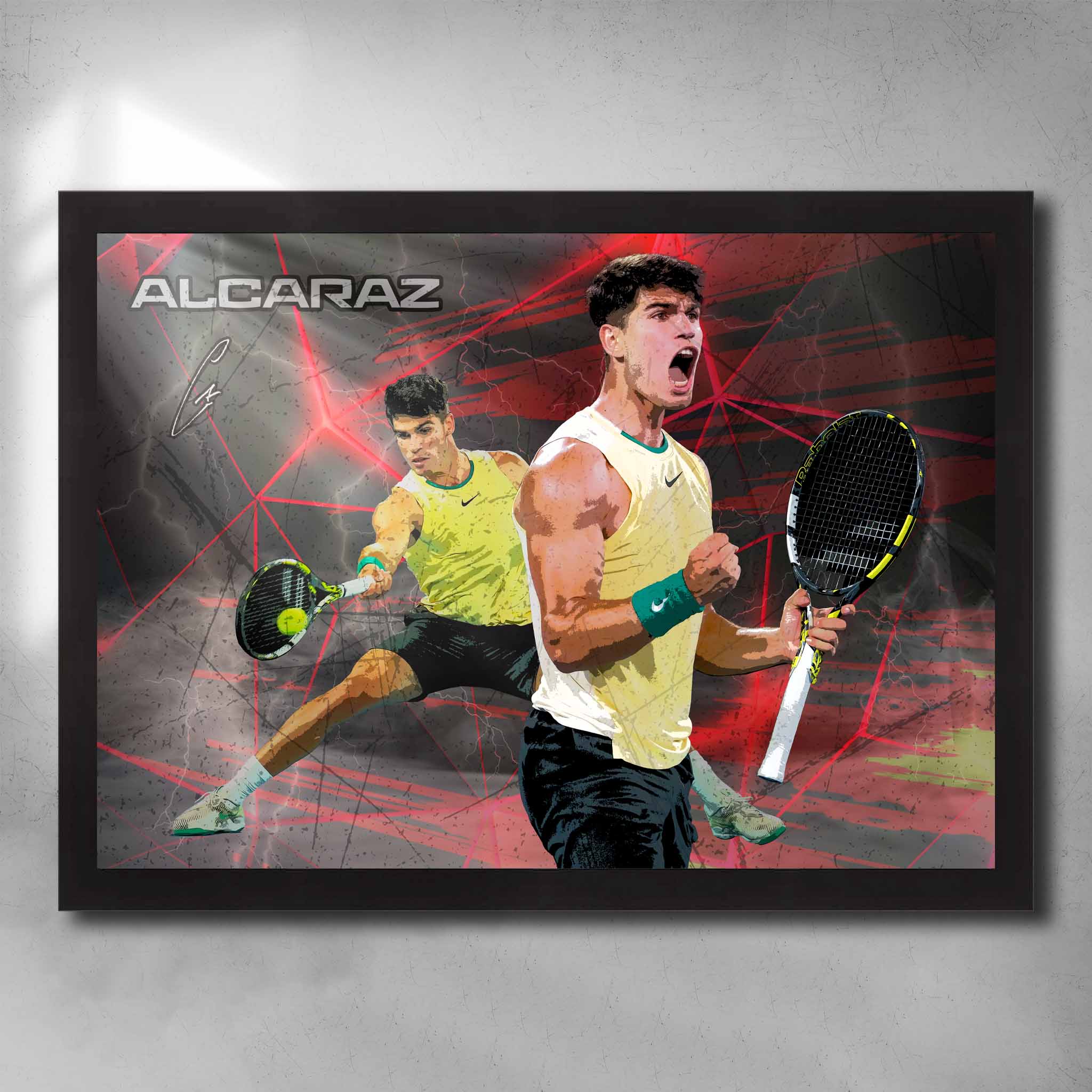 Black framed tennis art by Sports Cave, featuring Spanish tennis sensation Carlos Alcaraz.