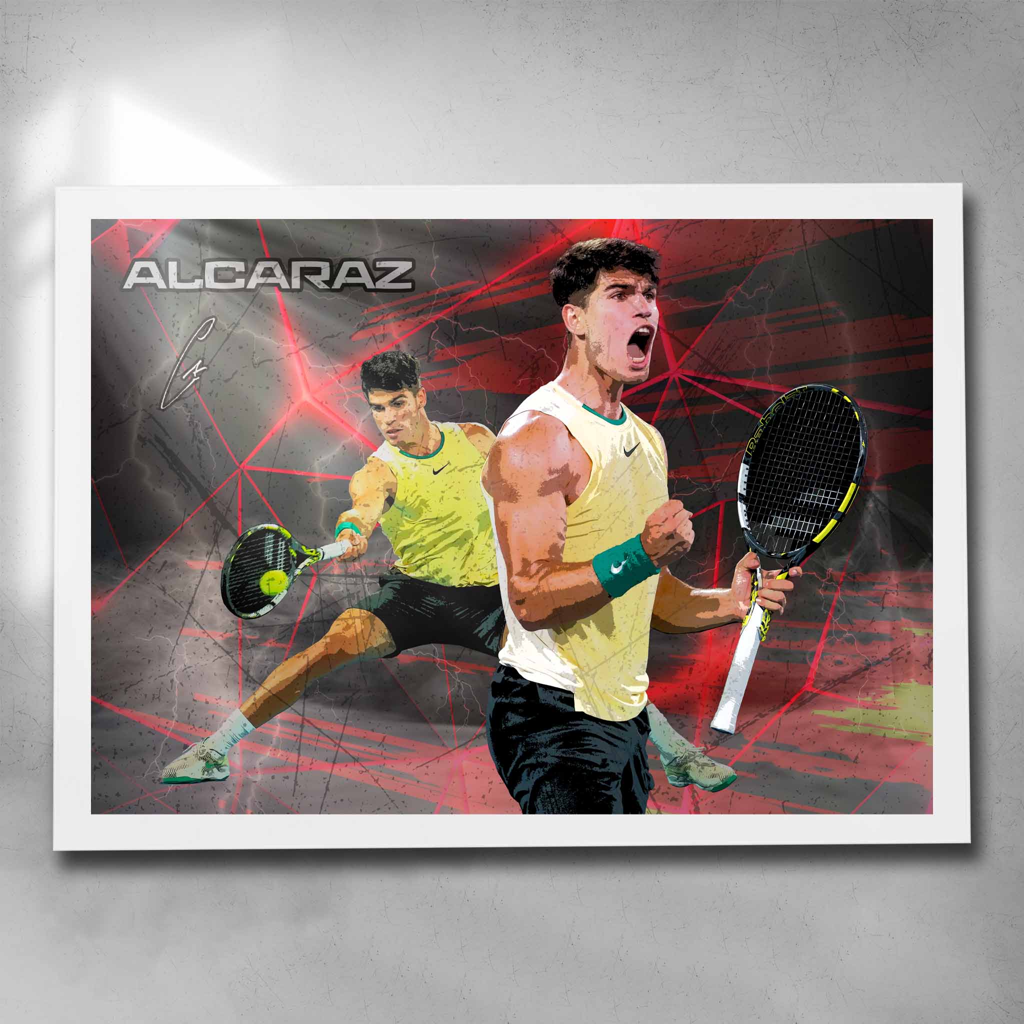 White framed tennis art by Sports Cave, featuring Spanish tennis sensation Carlos Alcaraz.