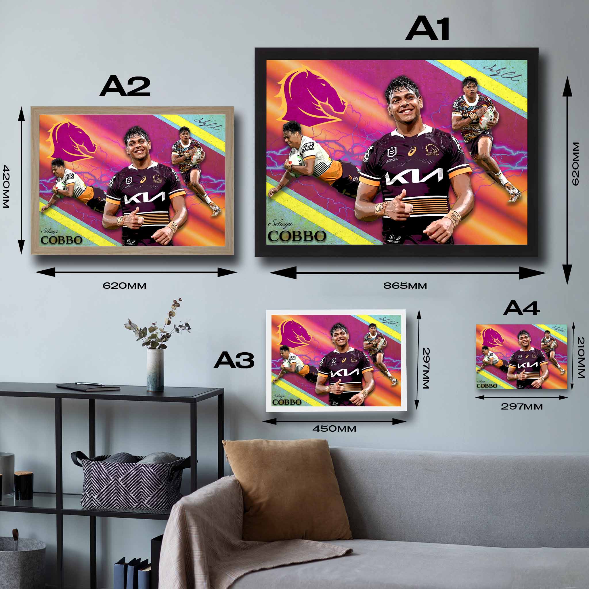 Visual representation of Selwyn Cobbo framed art size options, ranging from A4 to A2, to assist customers in selecting the right size for their space and preferences.
