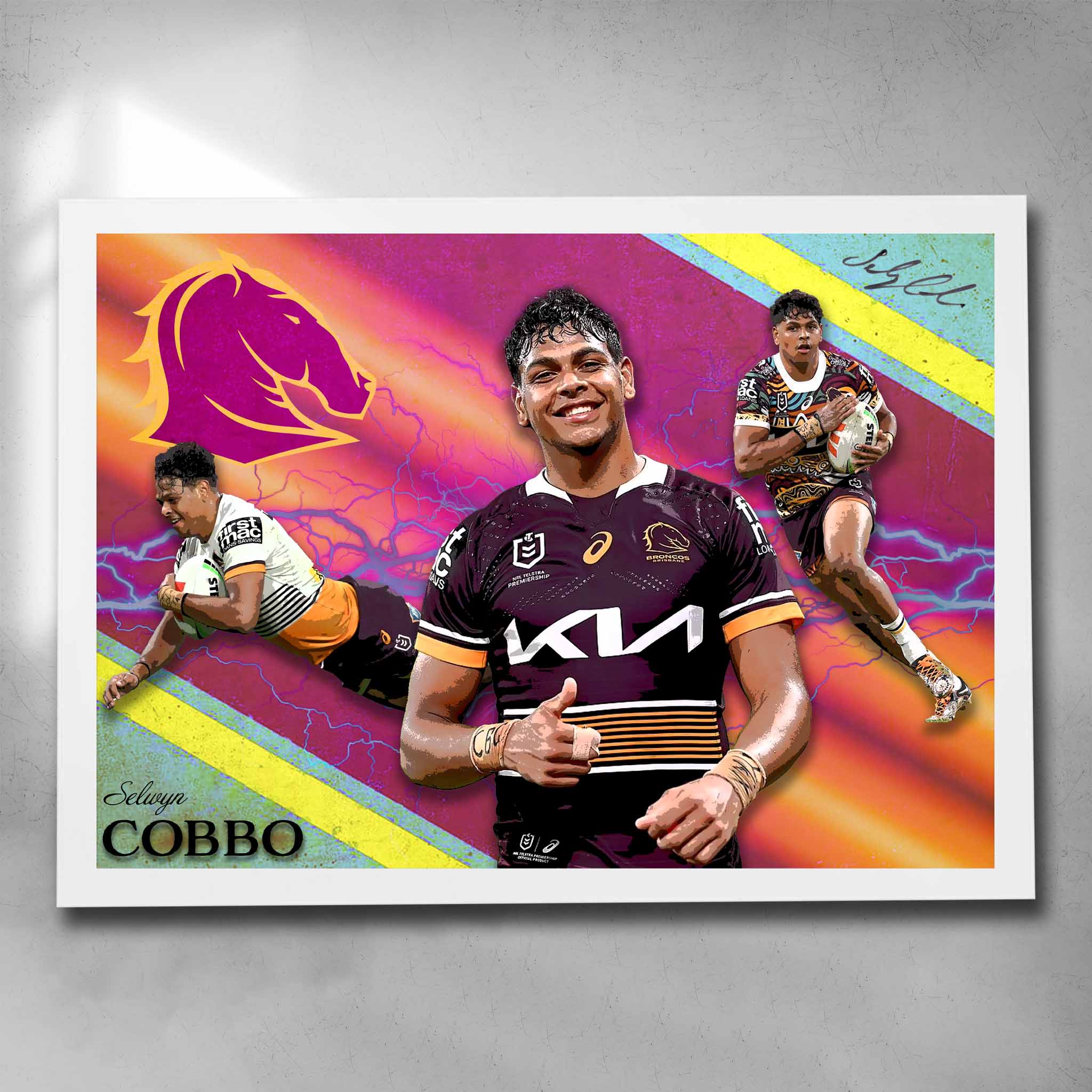 Elegant white framed NRL art by Sports Cave featuring Selwyn Cobbo from the Brisbane Broncos.