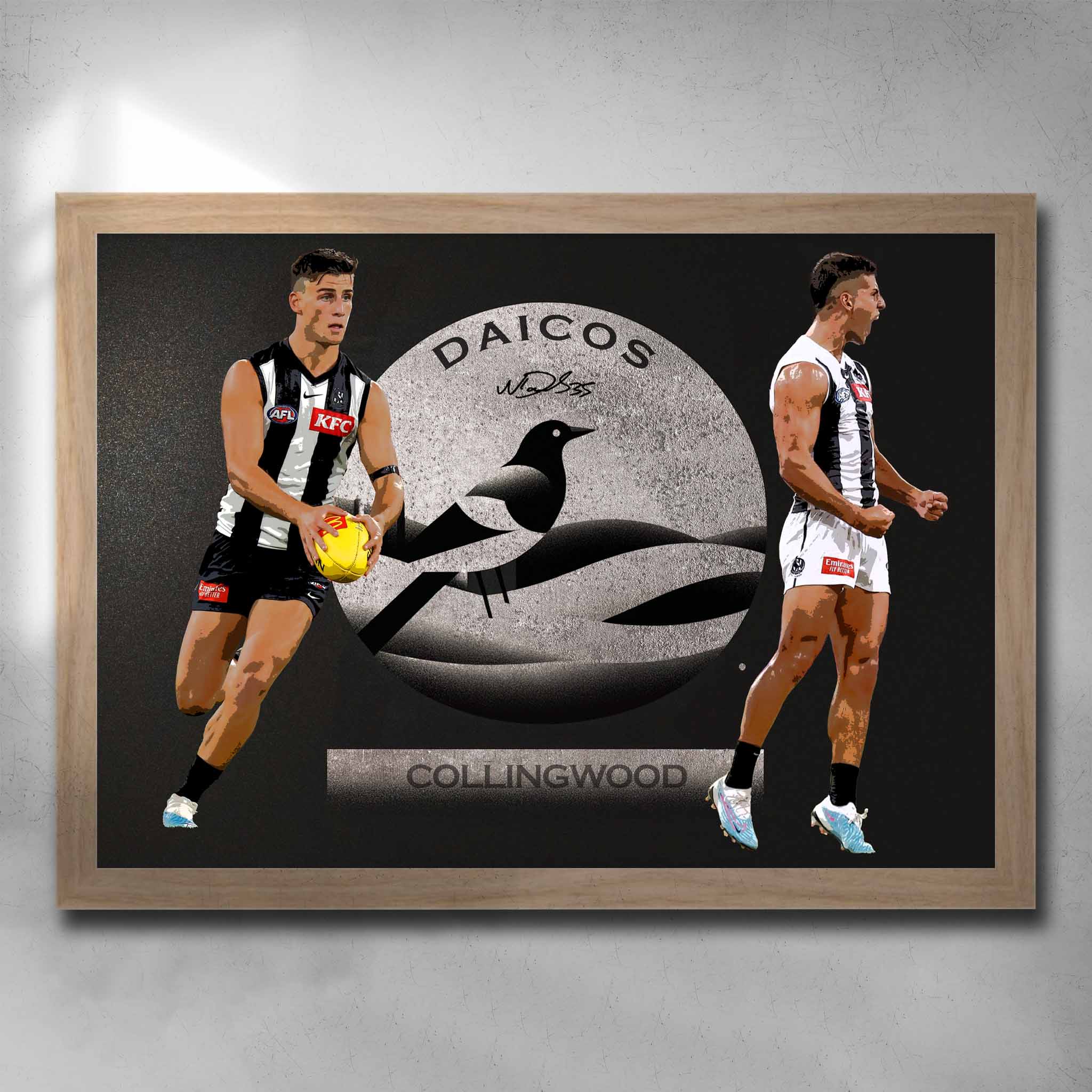 Oak framed AFL art by Sports Cave, featuring Nick Daicos from the Collingwood Magpies.